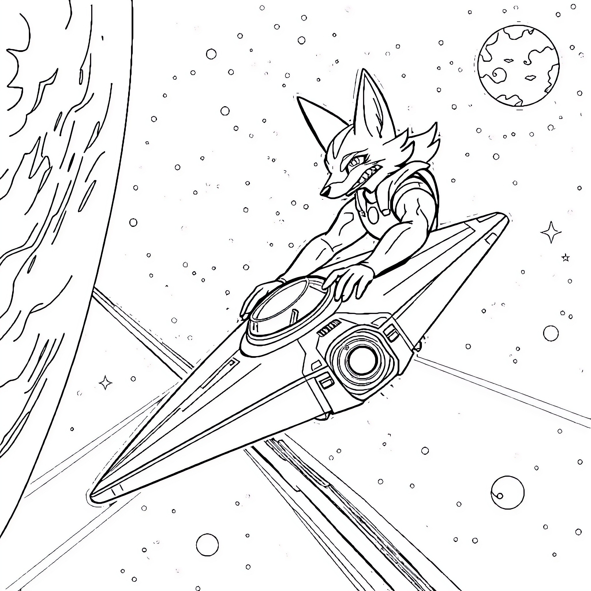 Starfox pilot soaring through the cosmos Coloring Page (free black-and-white line drawing printable PDF for all, from beginners to advanced learners, including children, teens, adults, and seniors)