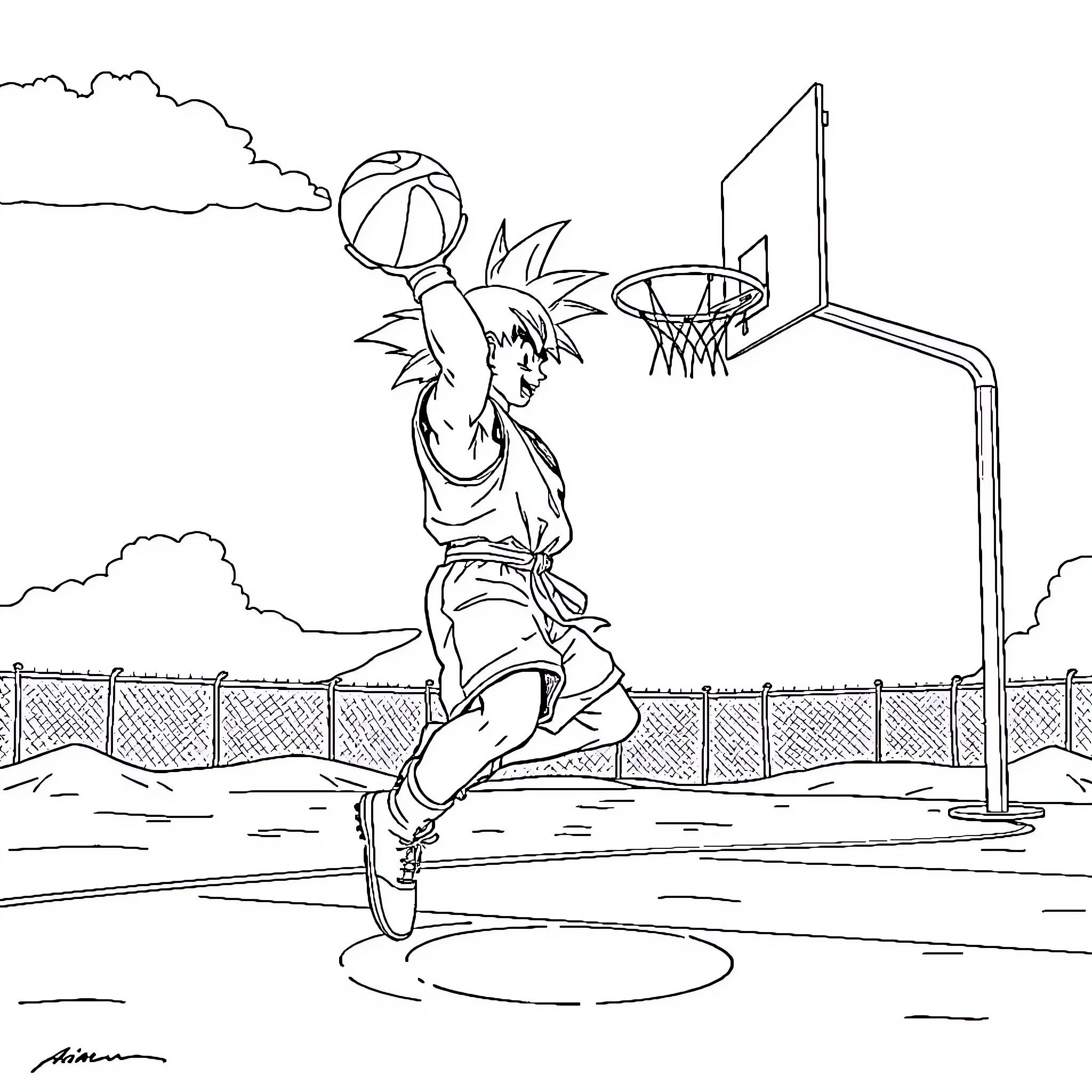 Goku playing basketball on the court Coloring Page (free black-and-white line drawing printable PDF for all, from beginners to advanced learners, including children, teens, adults, and seniors)