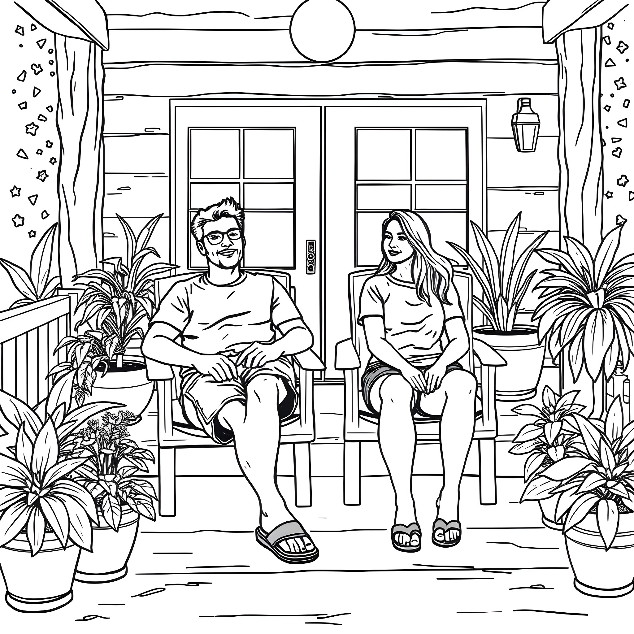 Man and Woman Sitting on Porch in Front of Cozy Home Coloring Page (free black-and-white line drawing printable PDF for all, from beginners to advanced learners, including children, teens, adults, and seniors)