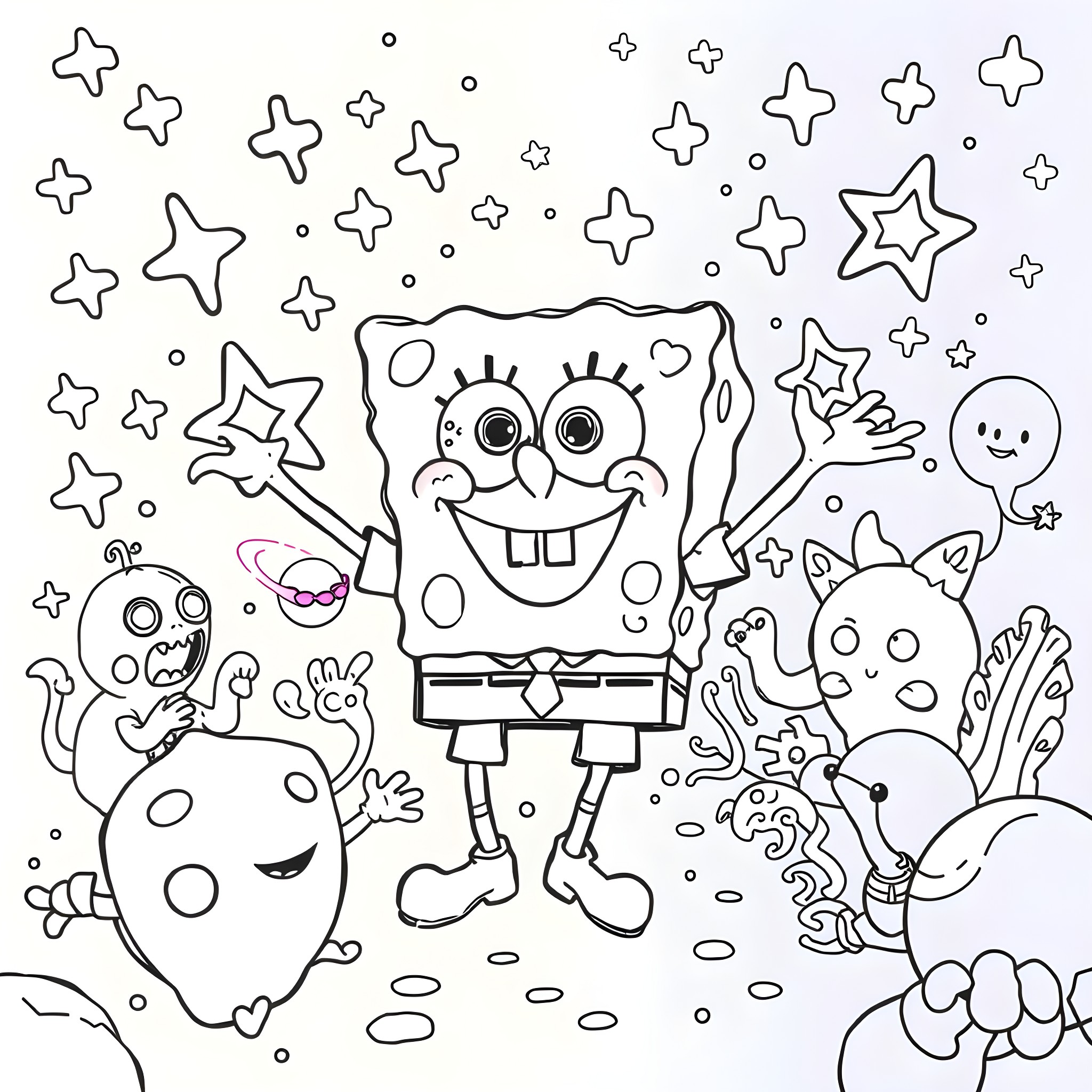 Spongebob and his friends in a starry night scene Coloring Page (free black-and-white line drawing printable PDF for all, from beginners to advanced learners, including children, teens, adults, and seniors)