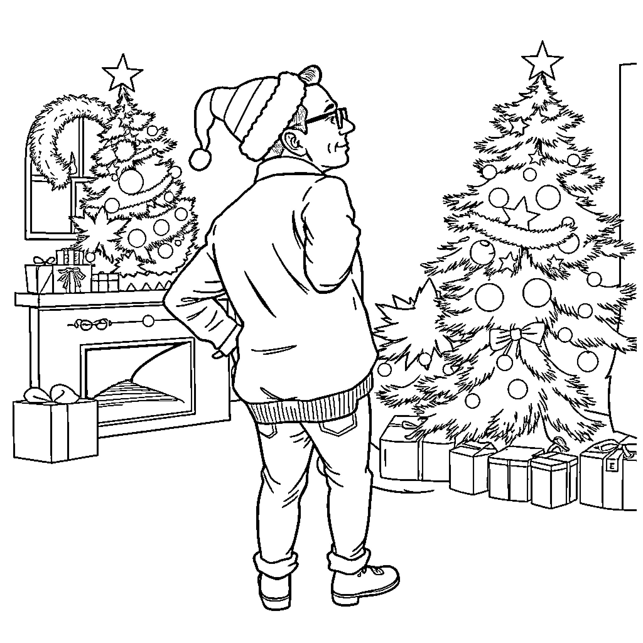 Sheldon Cooper admiring the festive Christmas decorations Coloring Page (free black-and-white line drawing printable PDF for all, from beginners to advanced learners, including children, teens, adults, and seniors)
