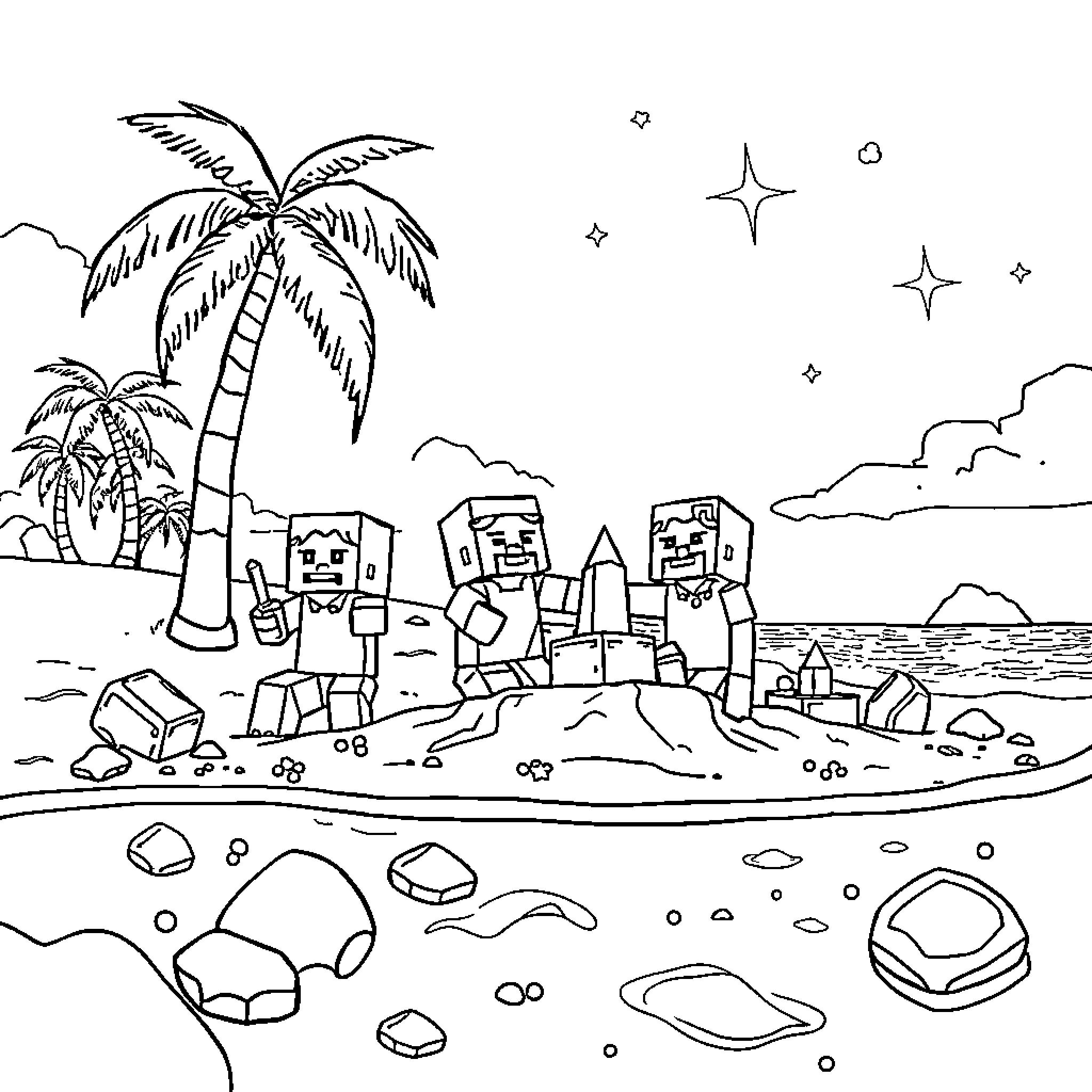 Minecraft characters exploring a tropical beach Coloring Page (free black-and-white line drawing printable PDF for all, from beginners to advanced learners, including children, teens, adults, and seniors)