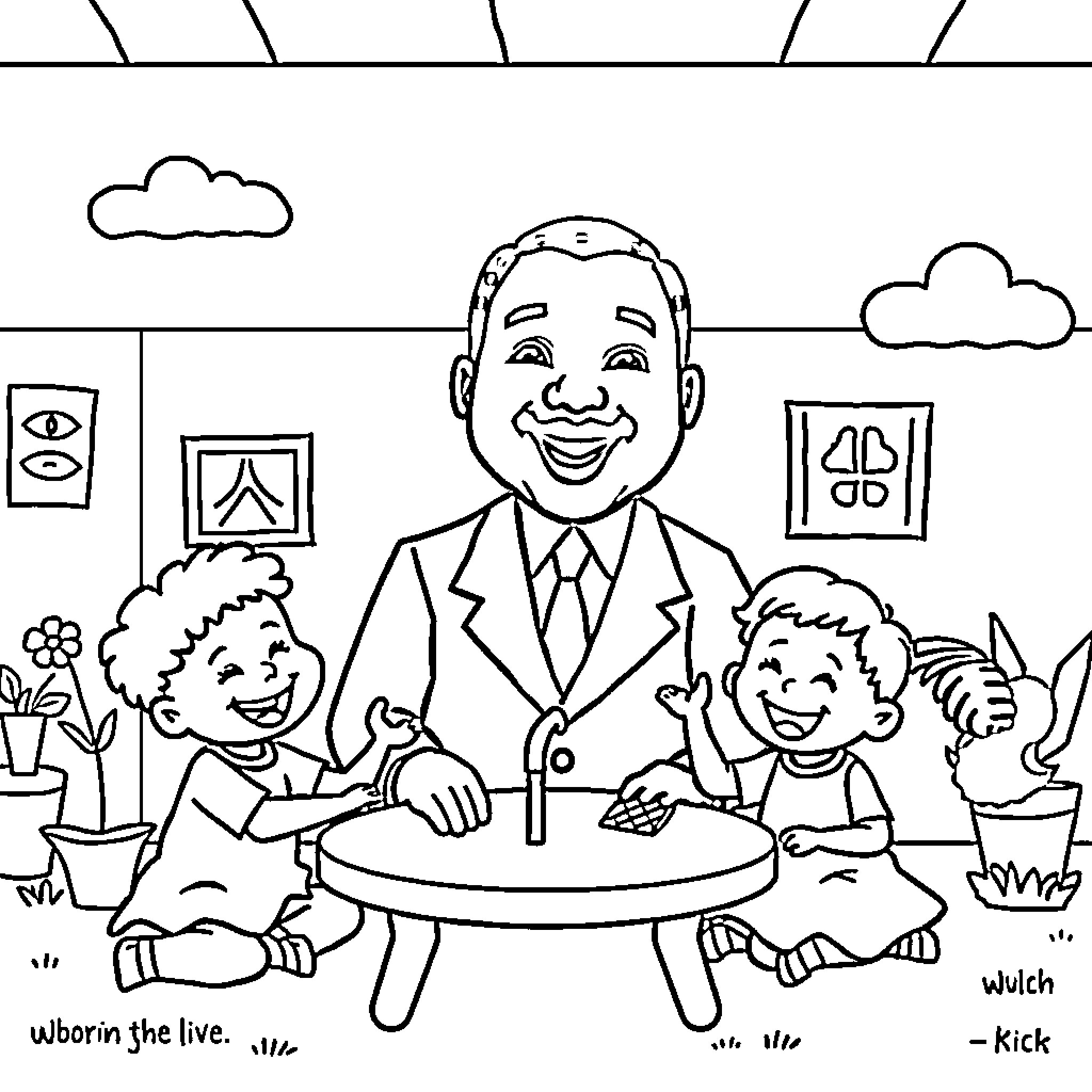 Martin Luther King Engaging with Children in Classroom Coloring Page (free black-and-white line drawing printable PDF for all, from beginners to advanced learners, including children, teens, adults, and seniors)