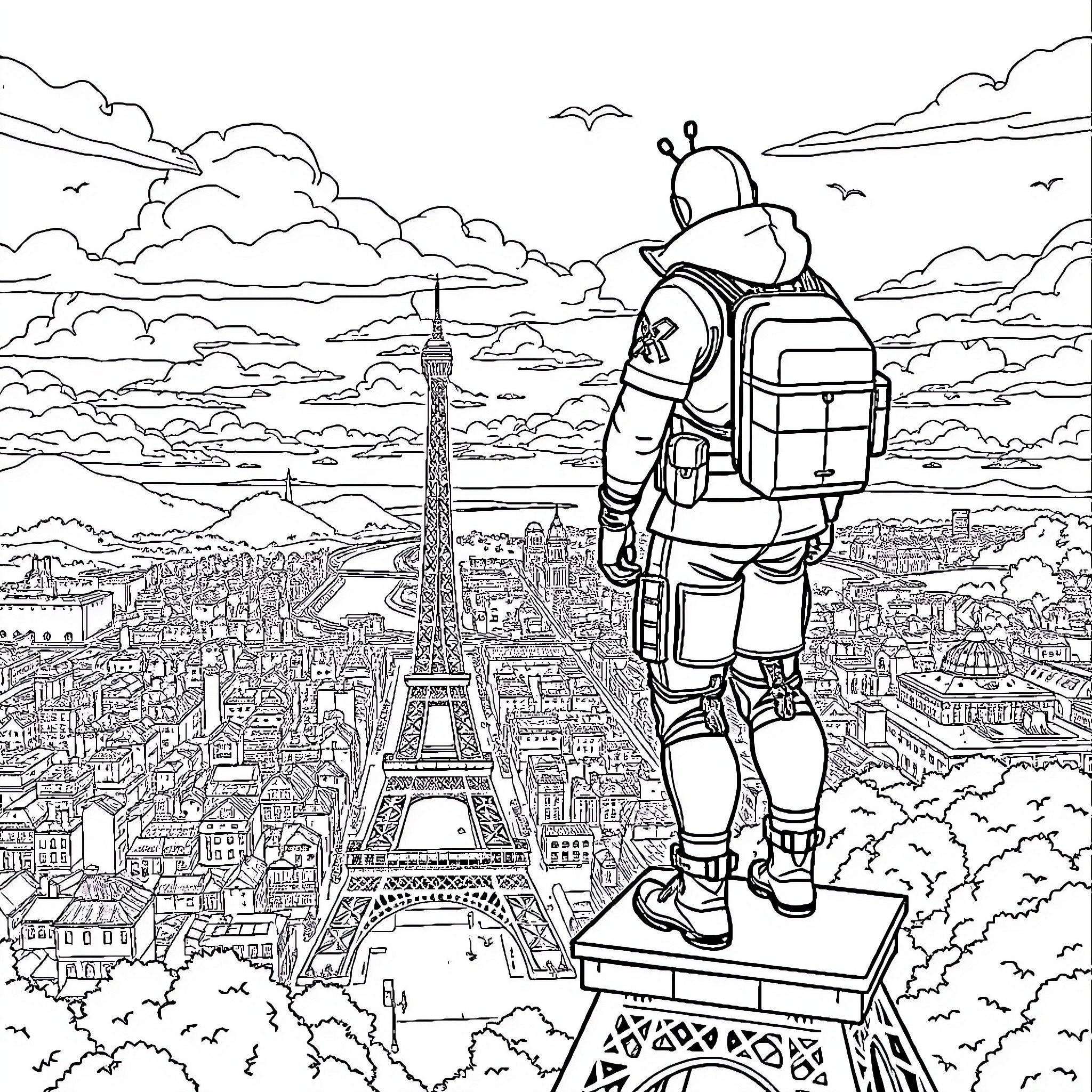 Fortnite character exploring the sights of Paris Coloring Page (free black-and-white line drawing printable PDF for all, from beginners to advanced learners, including children, teens, adults, and seniors)