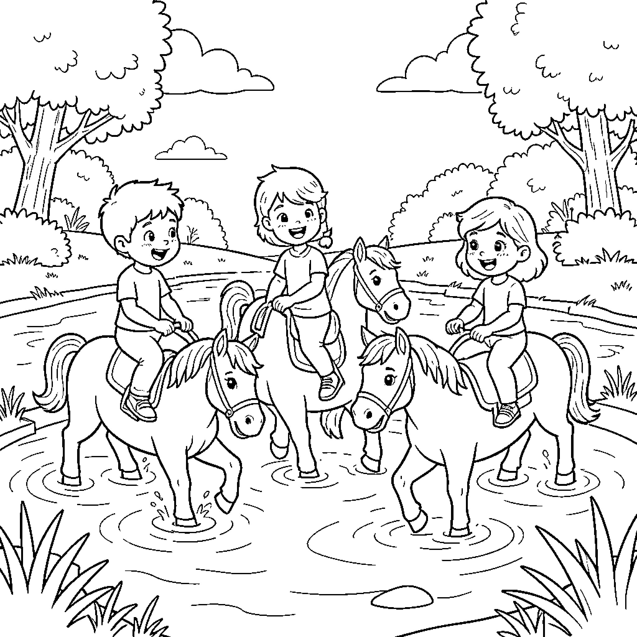 Aquaponey children riding ponies through a shallow stream Coloring Page (free black-and-white line drawing printable PDF for all, from beginners to advanced learners, including children, teens, adults, and seniors)