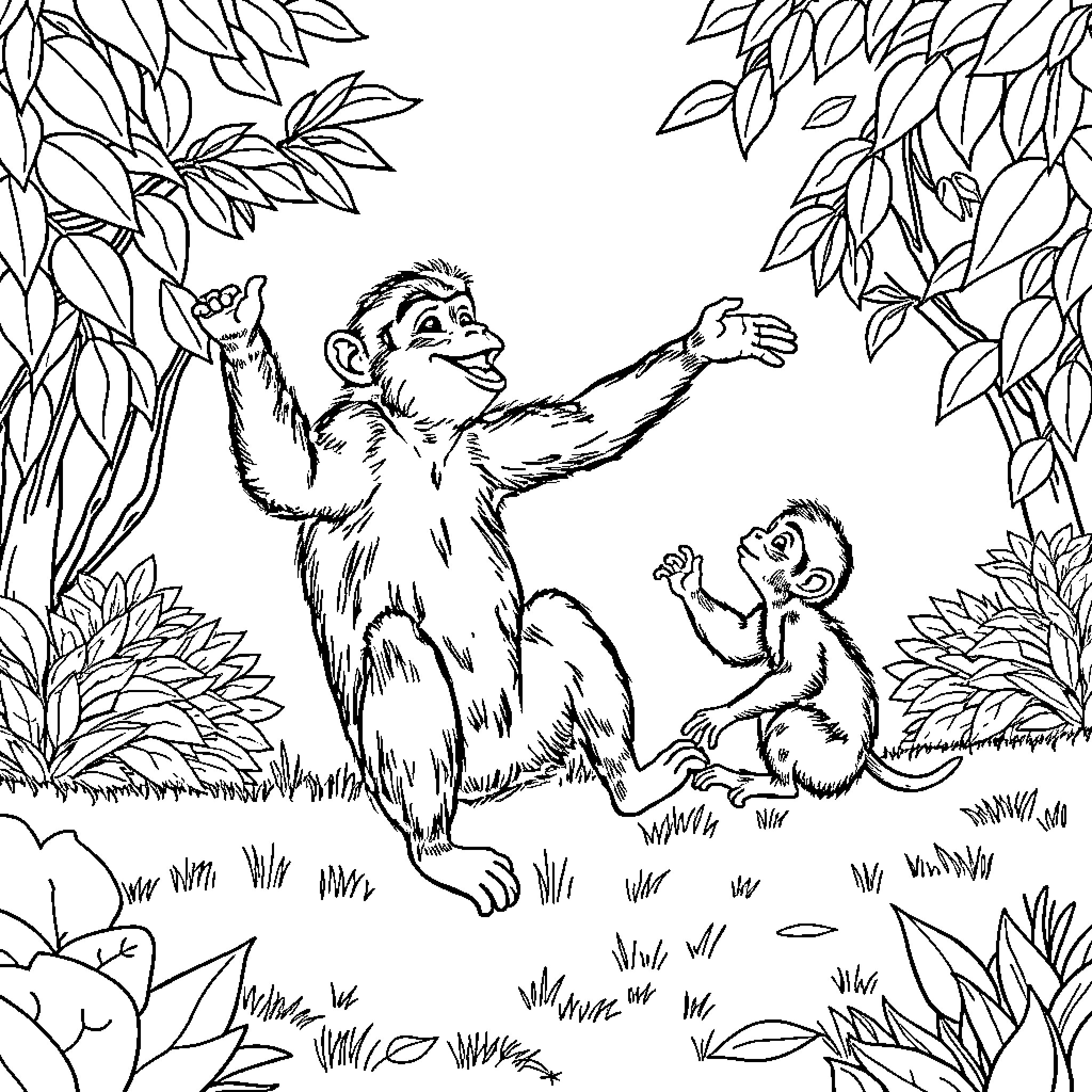 Balerina monkeys playing in the jungle Coloring Page (free black-and-white line drawing printable PDF for all, from beginners to advanced learners, including children, teens, adults, and seniors)