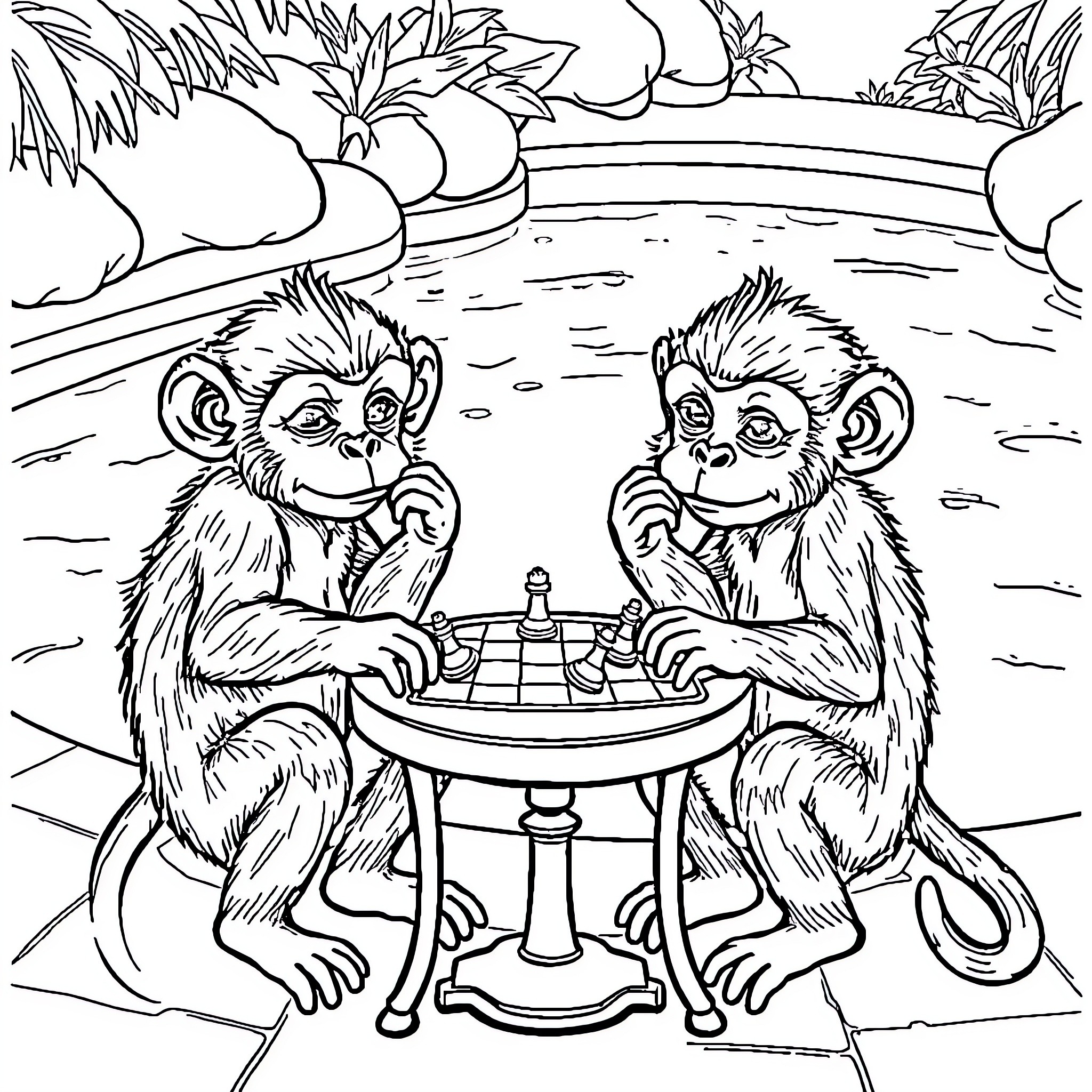 Monkey playing chess together in the jungle Coloring Page (free black-and-white line drawing printable PDF for all, from beginners to advanced learners, including children, teens, adults, and seniors)