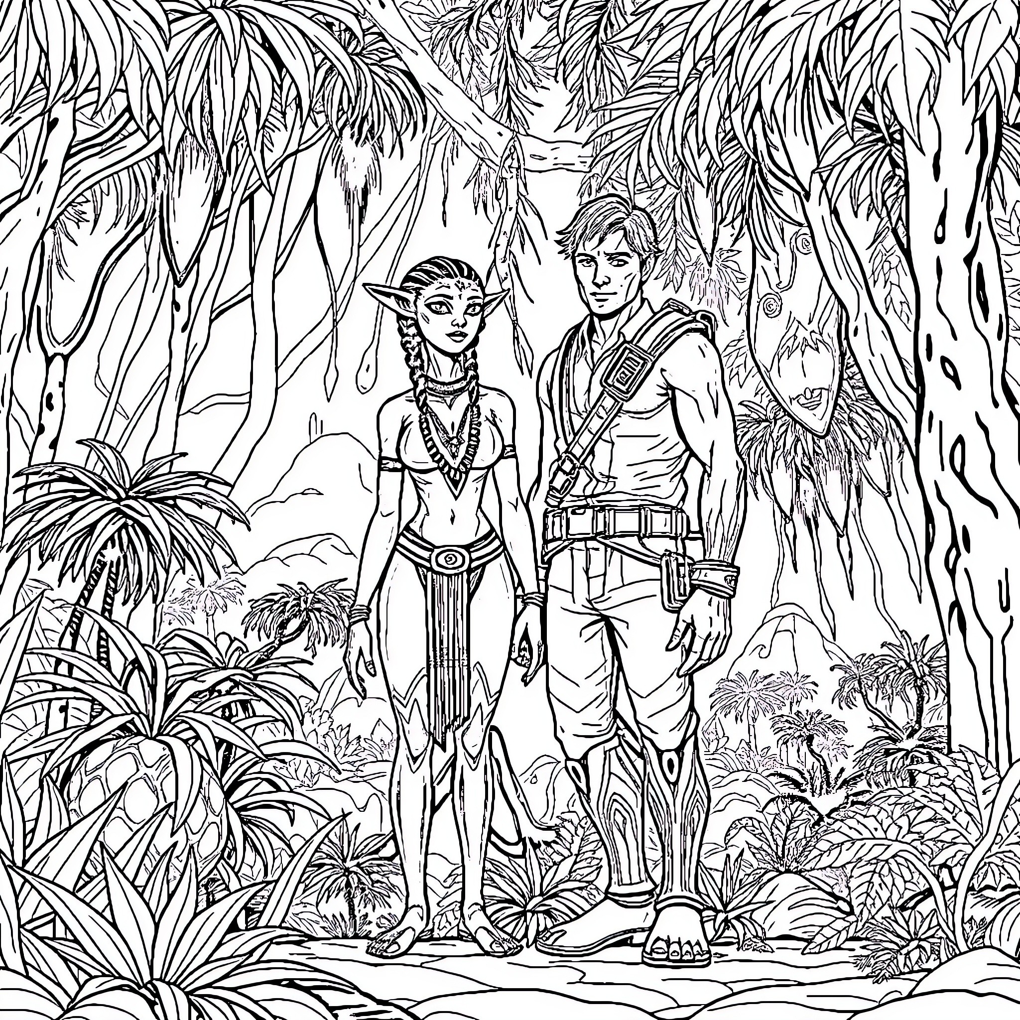 Neytiri and Jake in the Lush Pandoran Jungle Coloring Page (free black-and-white line drawing printable PDF for all, from beginners to advanced learners, including children, teens, adults, and seniors)