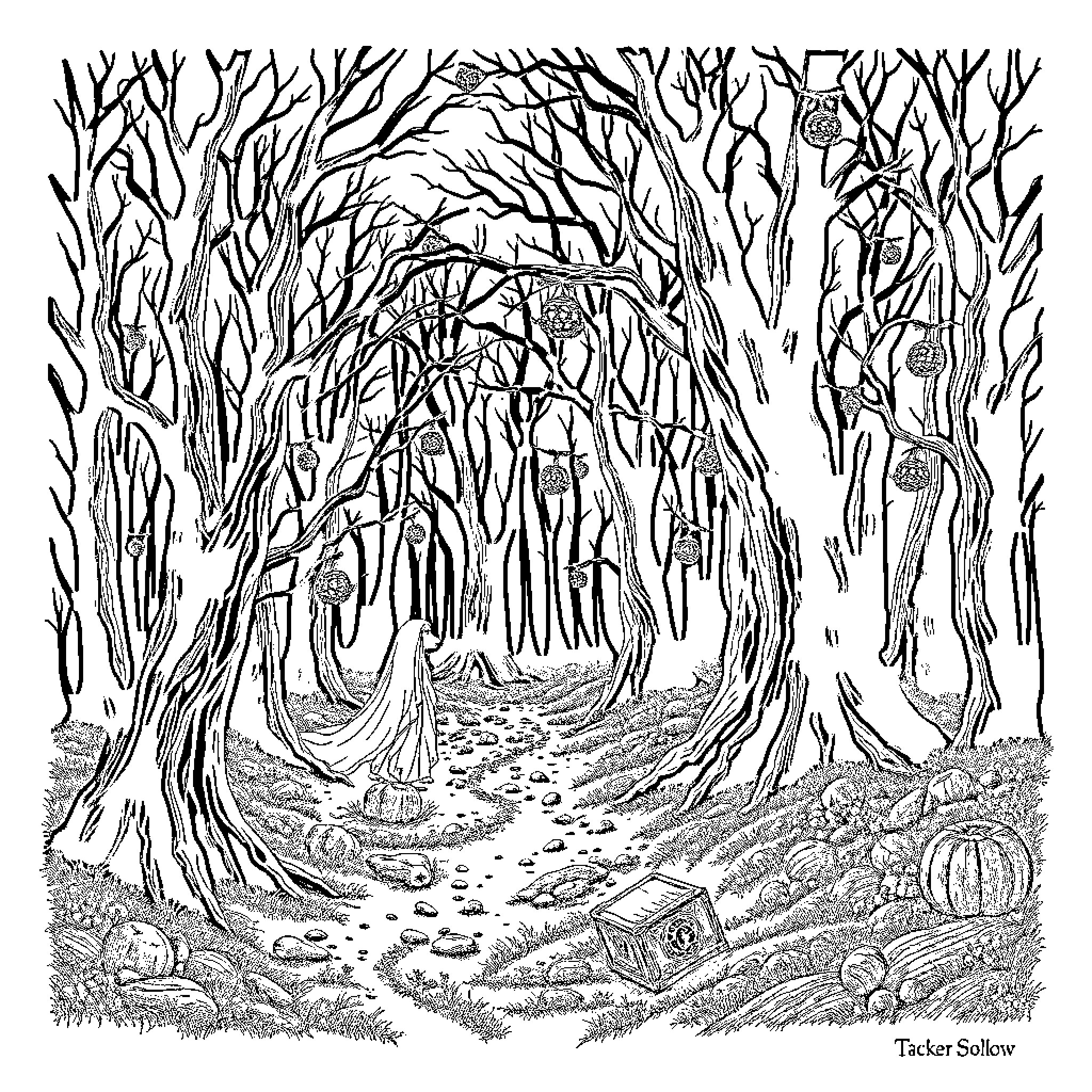 Jack's Enchanted Forest Adventure Coloring Page (free black-and-white line drawing printable PDF for all, from beginners to advanced learners, including children, teens, adults, and seniors)