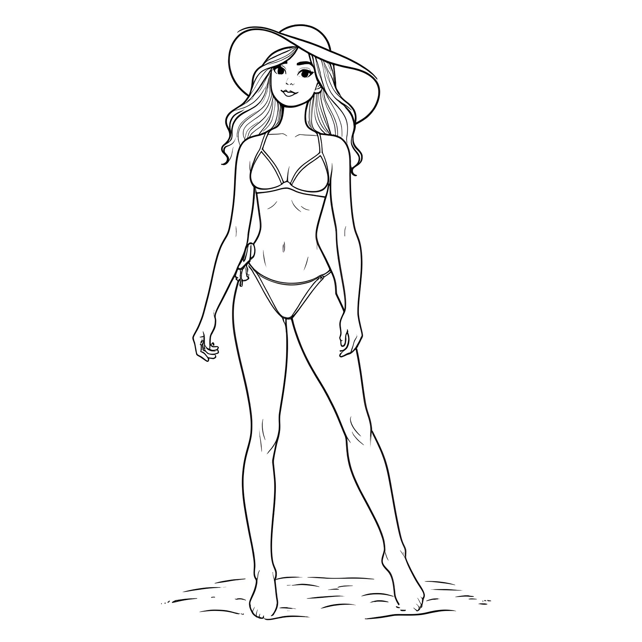 Girl in swimsuit and sunhat posing on the beach Coloring Page (free black-and-white line drawing printable PDF for all, from beginners to advanced learners, including children, teens, adults, and seniors)
