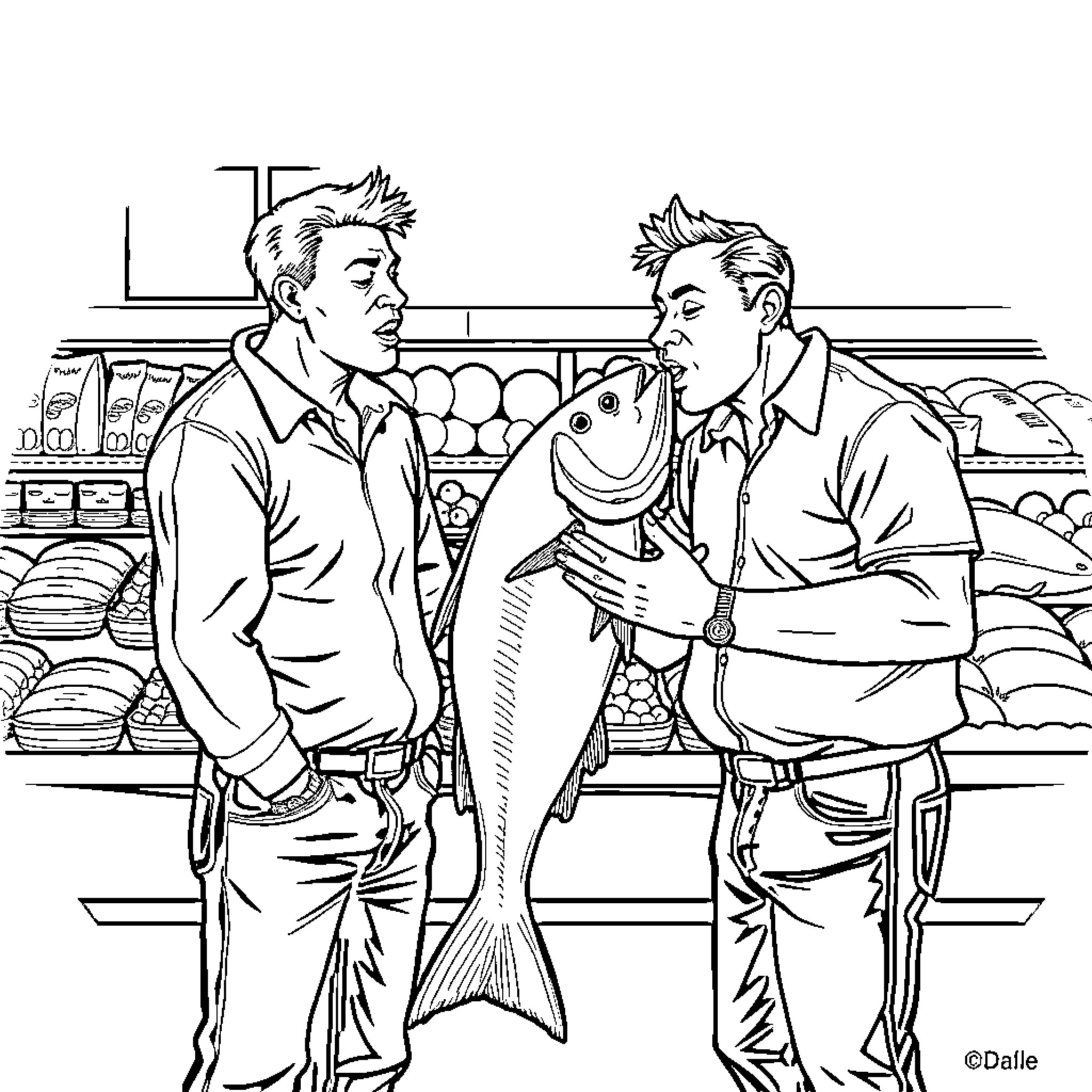 Guy Cheerfully Discussing Fish with Friend at Grocery Store Coloring Page (free black-and-white line drawing printable PDF for all, from beginners to advanced learners, including children, teens, adults, and seniors)