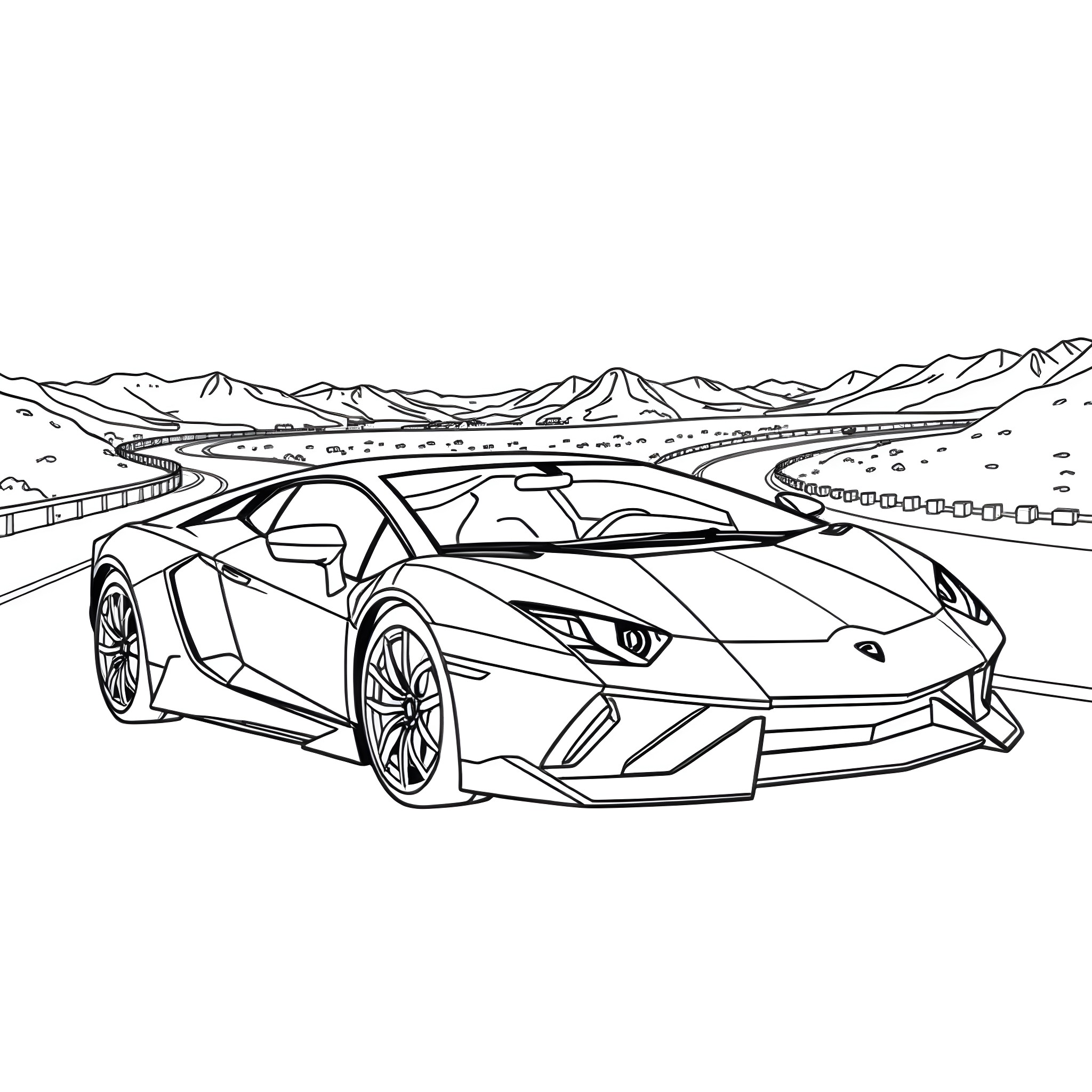 Lamborghini supercar on winding mountain road Coloring Page (free black-and-white line drawing printable PDF for all, from beginners to advanced learners, including children, teens, adults, and seniors)