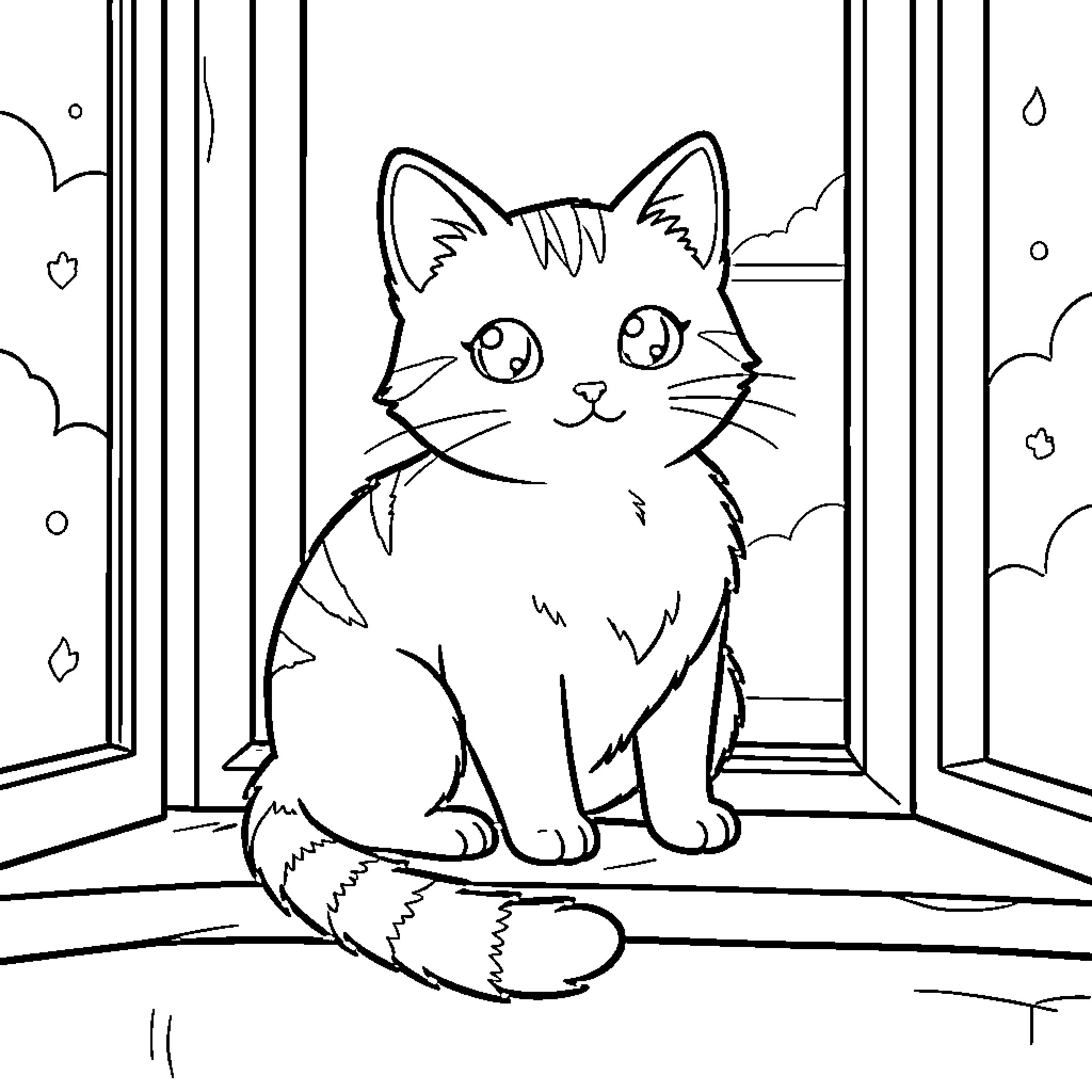 Cat looking curiously through the window Coloring Page (free black-and-white line drawing printable PDF for all, from beginners to advanced learners, including children, teens, adults, and seniors)