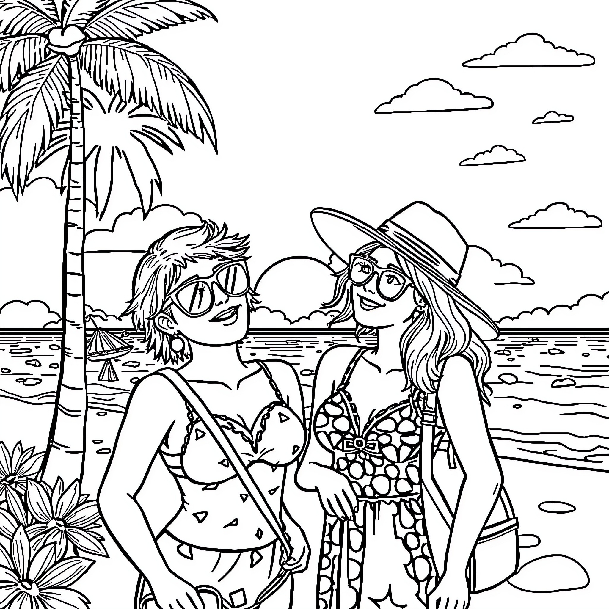 Jenny's Beach Day with Friends Coloring Page (free black-and-white line drawing printable PDF for all, from beginners to advanced learners, including children, teens, adults, and seniors)