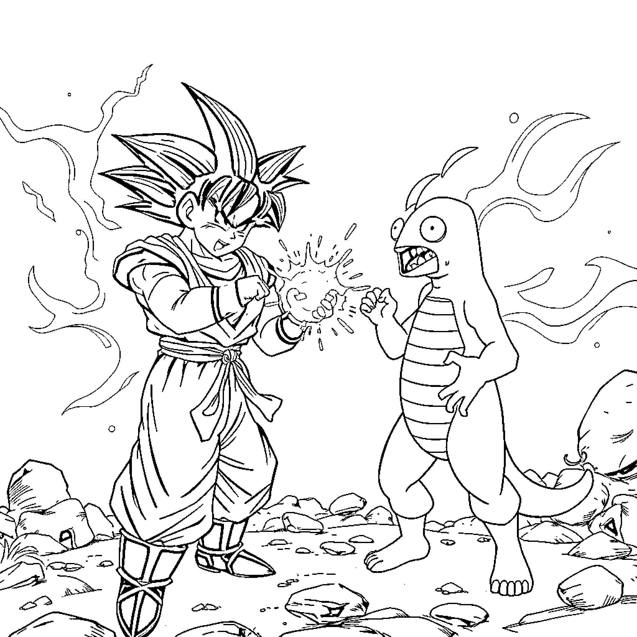Goku battles a fierce monster in the wild Coloring Page (free black-and-white line drawing printable PDF for all, from beginners to advanced learners, including children, teens, adults, and seniors)