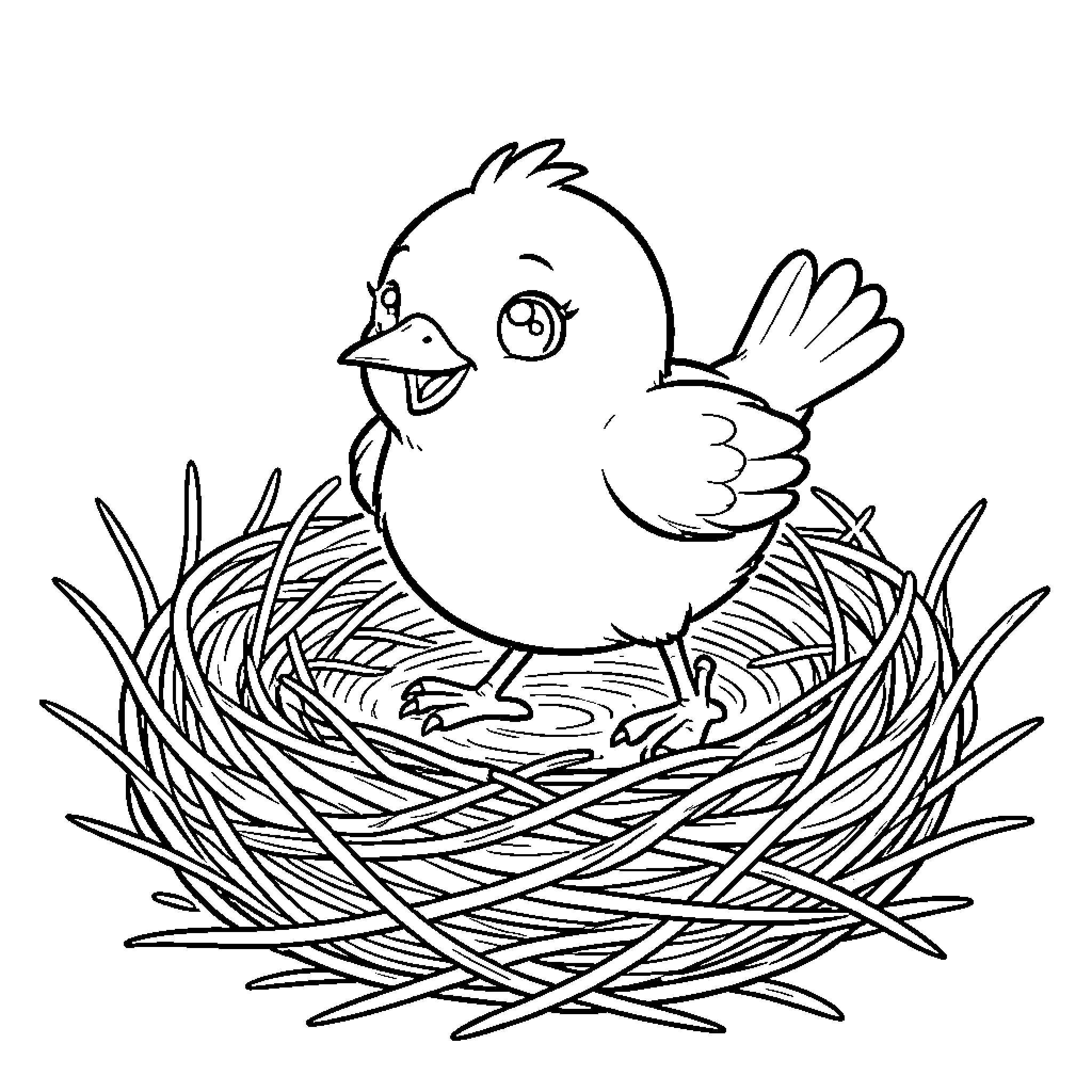 Booboo happy little bird standing in a nest Coloring Page (free black-and-white line drawing printable PDF for all, from beginners to advanced learners, including children, teens, adults, and seniors)