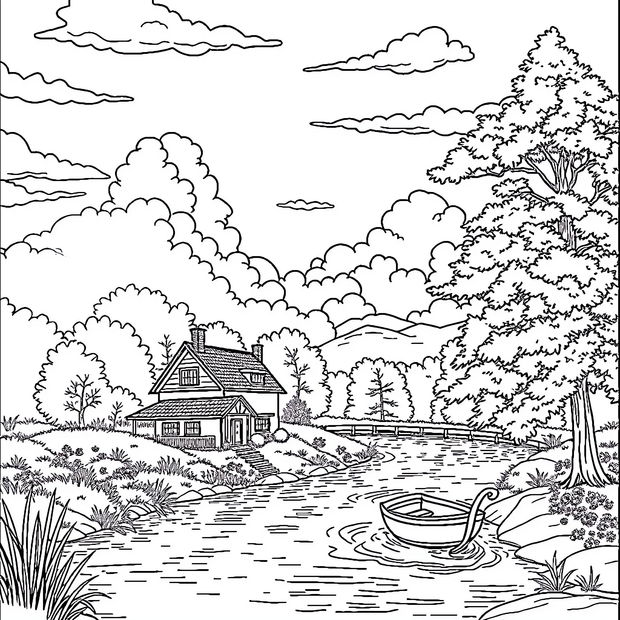 House in a scenic nature landscape Coloring Page (free black-and-white line drawing printable PDF for all, from beginners to advanced learners, including children, teens, adults, and seniors)