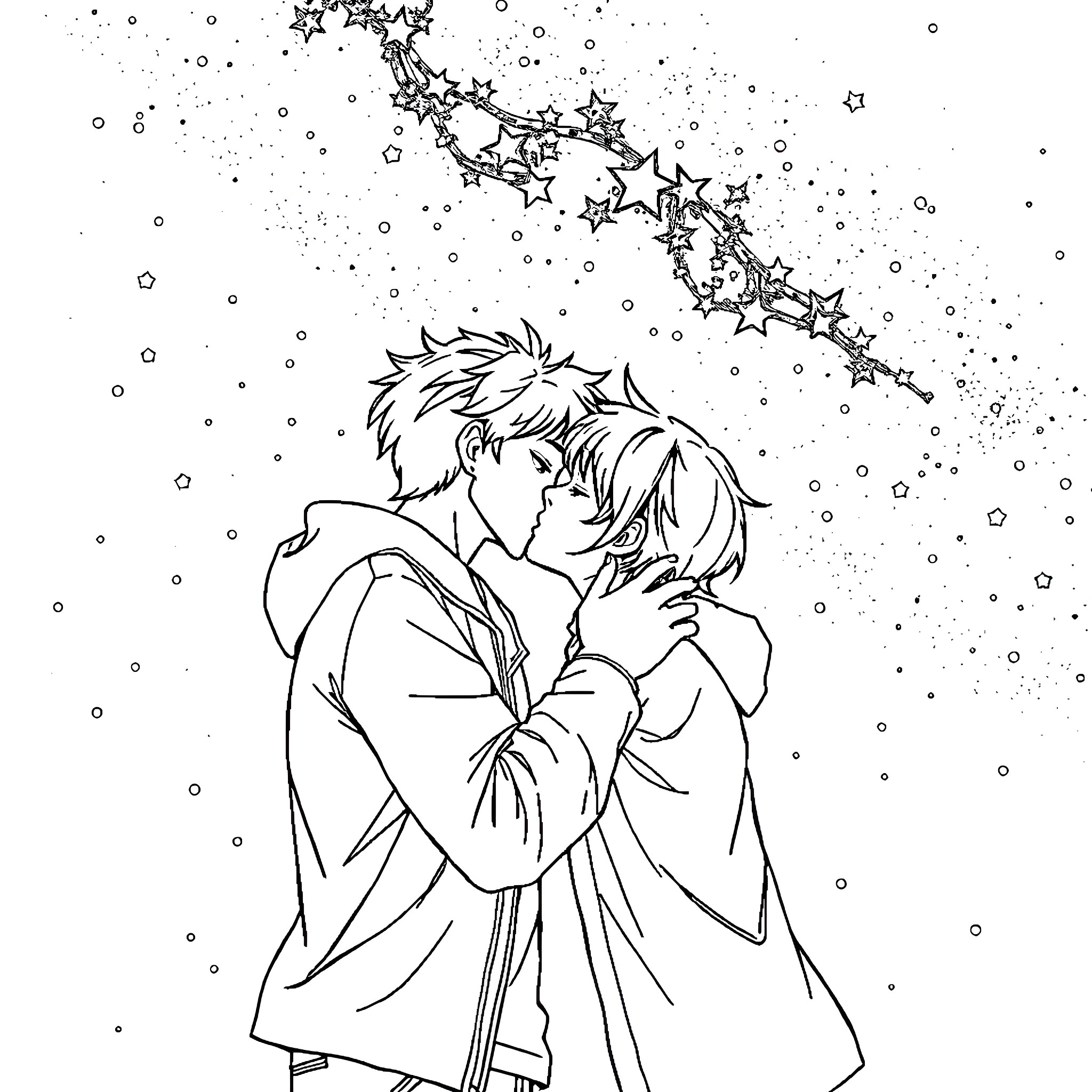 Eren Yager and Mikasa embracing under the starry sky Coloring Page (free black-and-white line drawing printable PDF for all, from beginners to advanced learners, including children, teens, adults, and seniors)