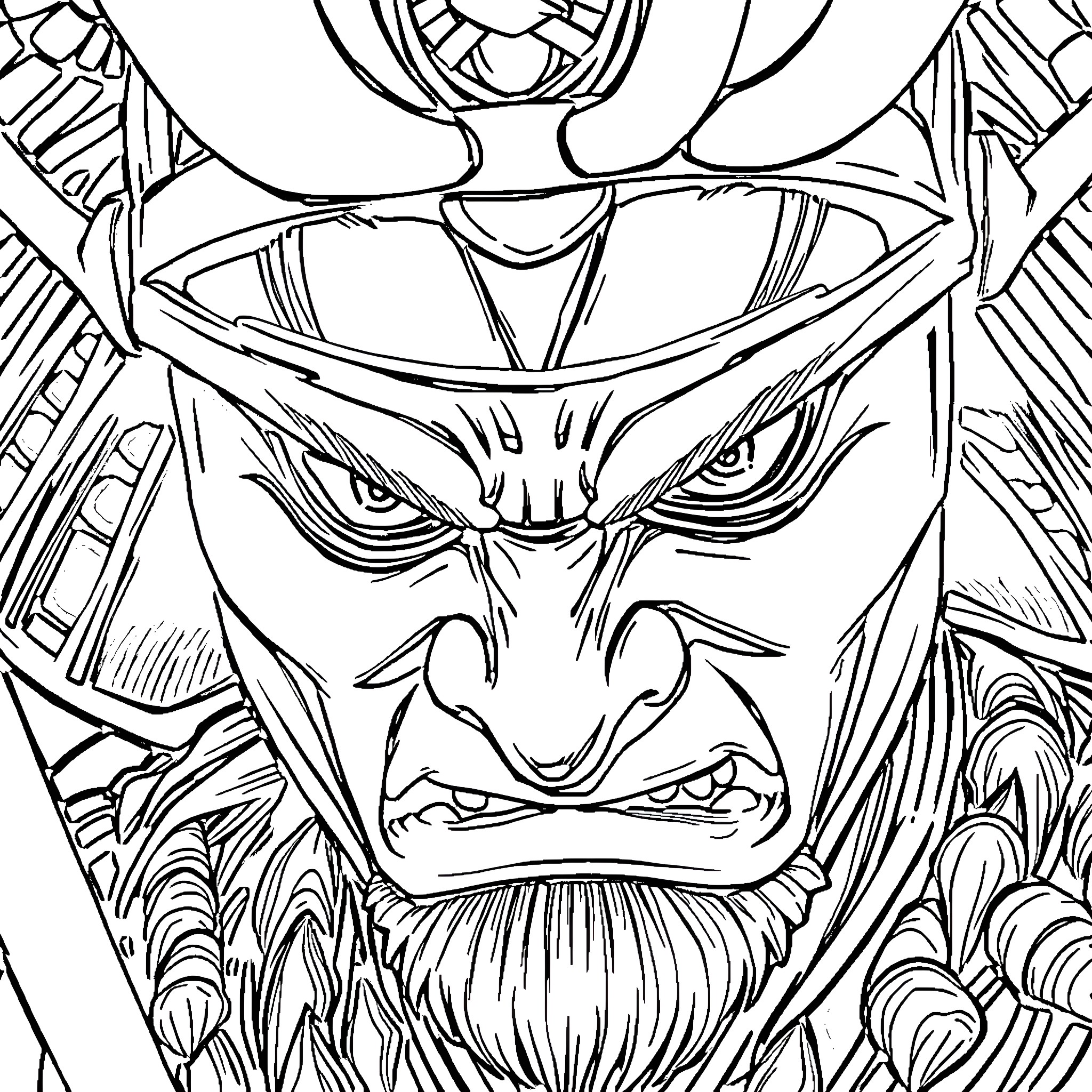 Samurai Warrior's Fierce Expression Coloring Page (free black-and-white line drawing printable PDF for all, from beginners to advanced learners, including children, teens, adults, and seniors)