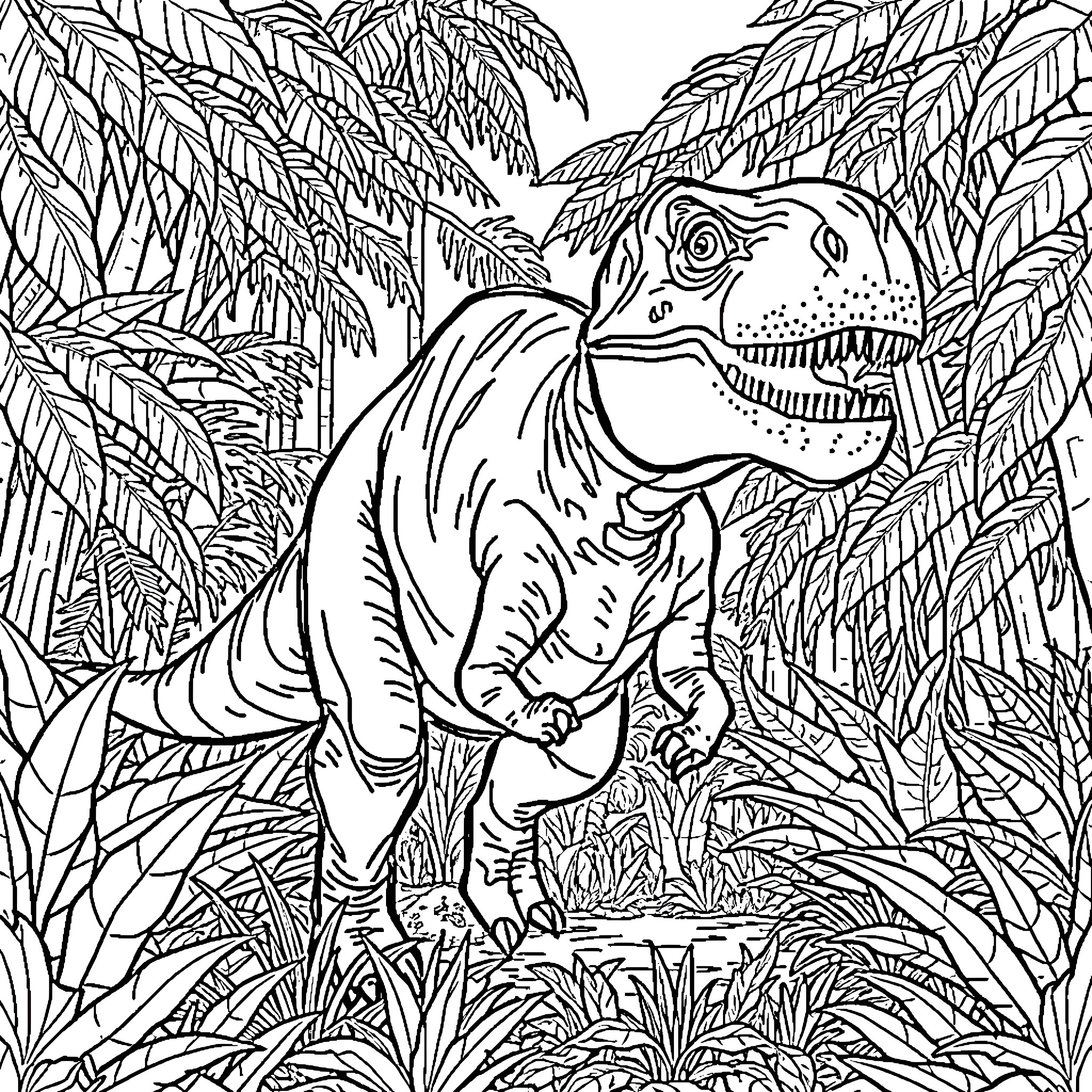 Dinosaur exploring the lush jungle Coloring Page (free black-and-white line drawing printable PDF for all, from beginners to advanced learners, including children, teens, adults, and seniors)