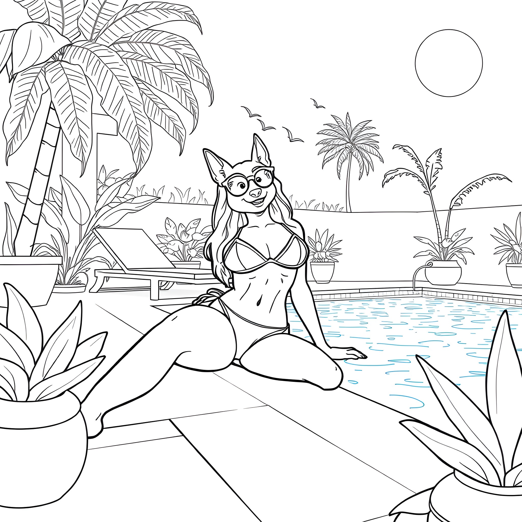 Mom relaxing by the pool with tropical plants Coloring Page (free black-and-white line drawing printable PDF for all, from beginners to advanced learners, including children, teens, adults, and seniors)
