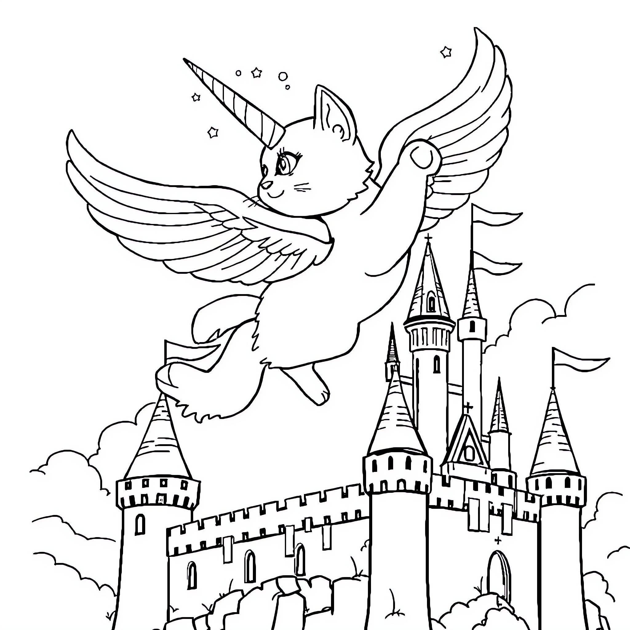 Cat Unicorn Soaring Over Fantasy Castle Coloring Page (free black-and-white line drawing printable PDF for all, from beginners to advanced learners, including children, teens, adults, and seniors)