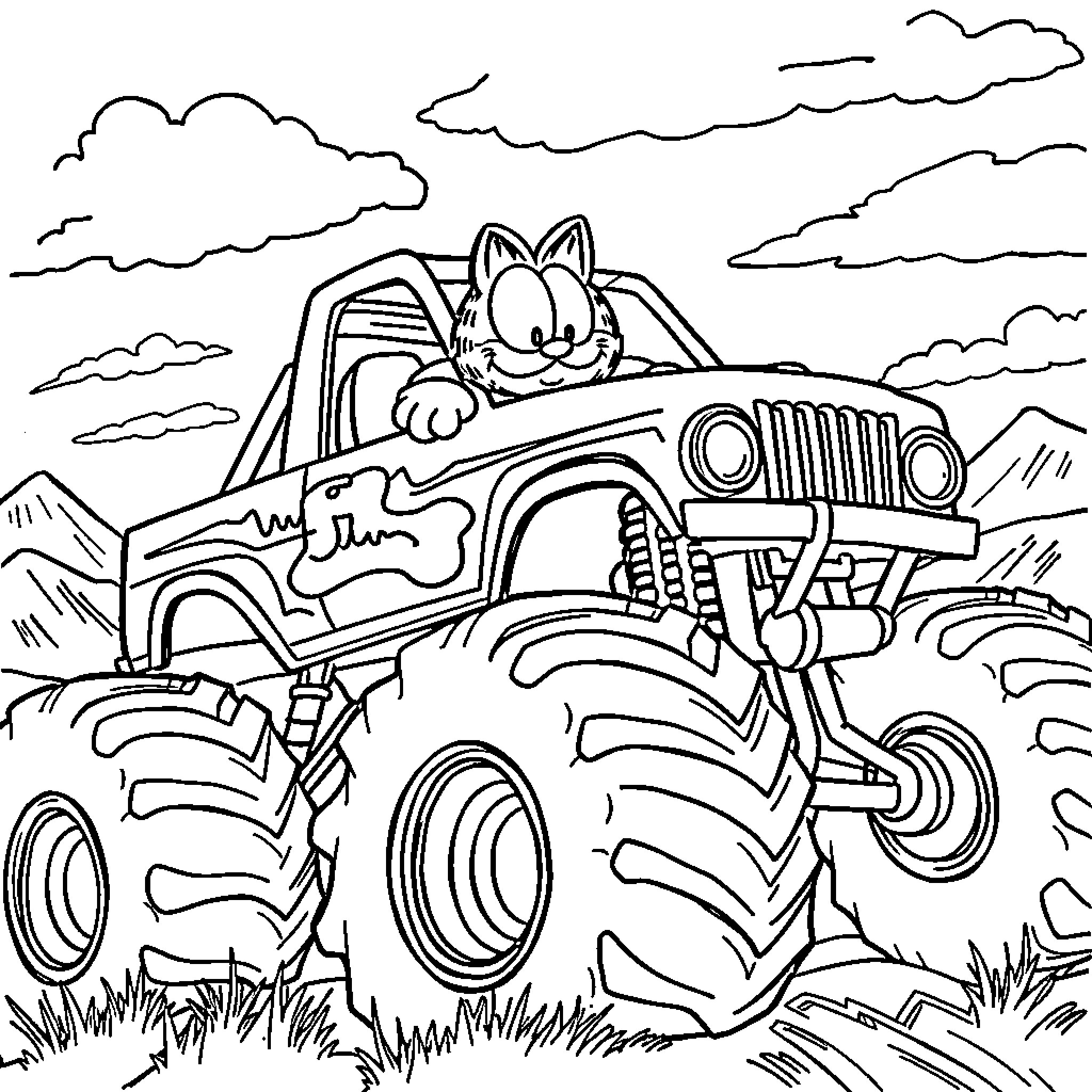 Garfield driving a monster truck on rocky terrain Coloring Page (free black-and-white line drawing printable PDF for all, from beginners to advanced learners, including children, teens, adults, and seniors)