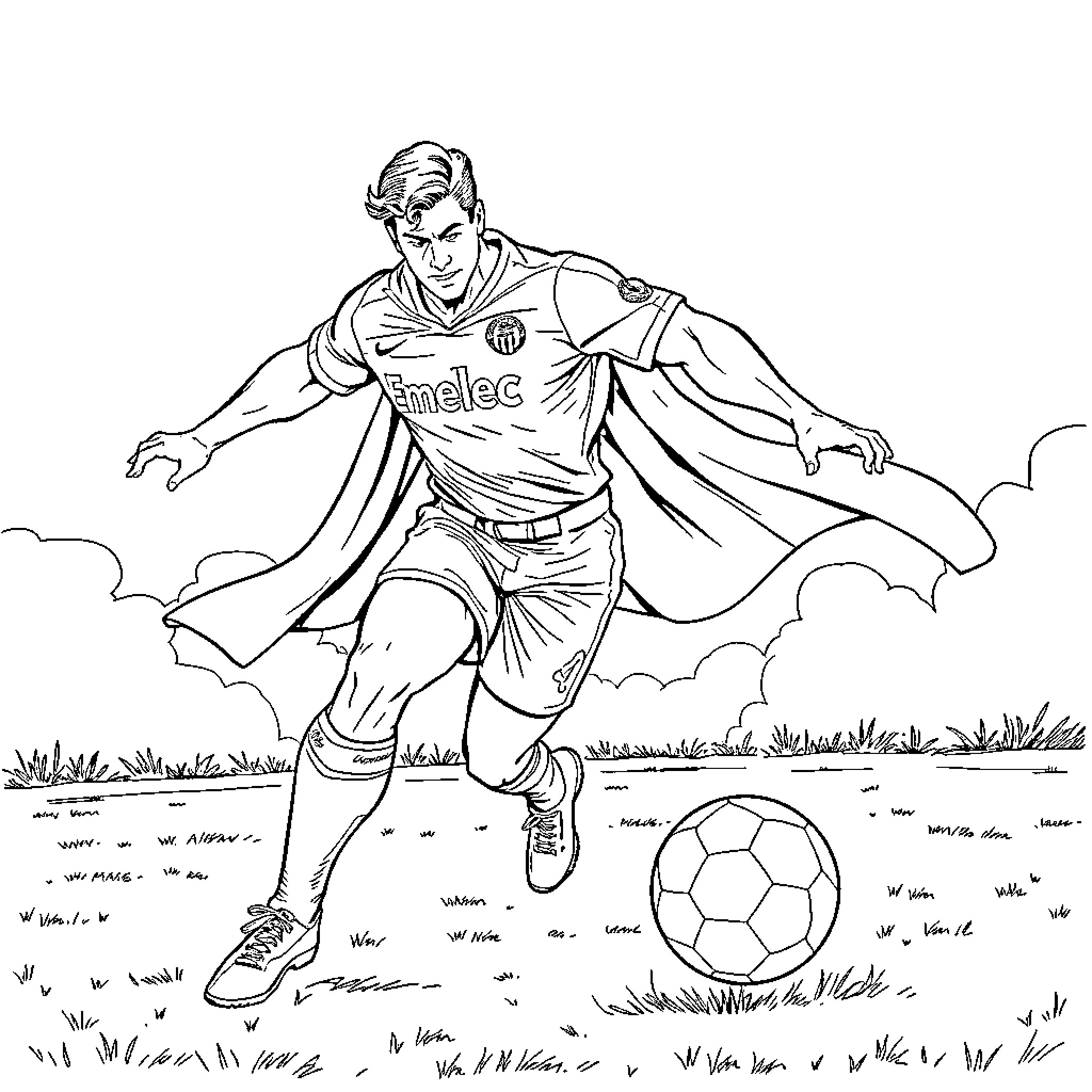 Superman footballer kicking a ball on the field Coloring Page (free black-and-white line drawing printable PDF for all, from beginners to advanced learners, including children, teens, adults, and seniors)