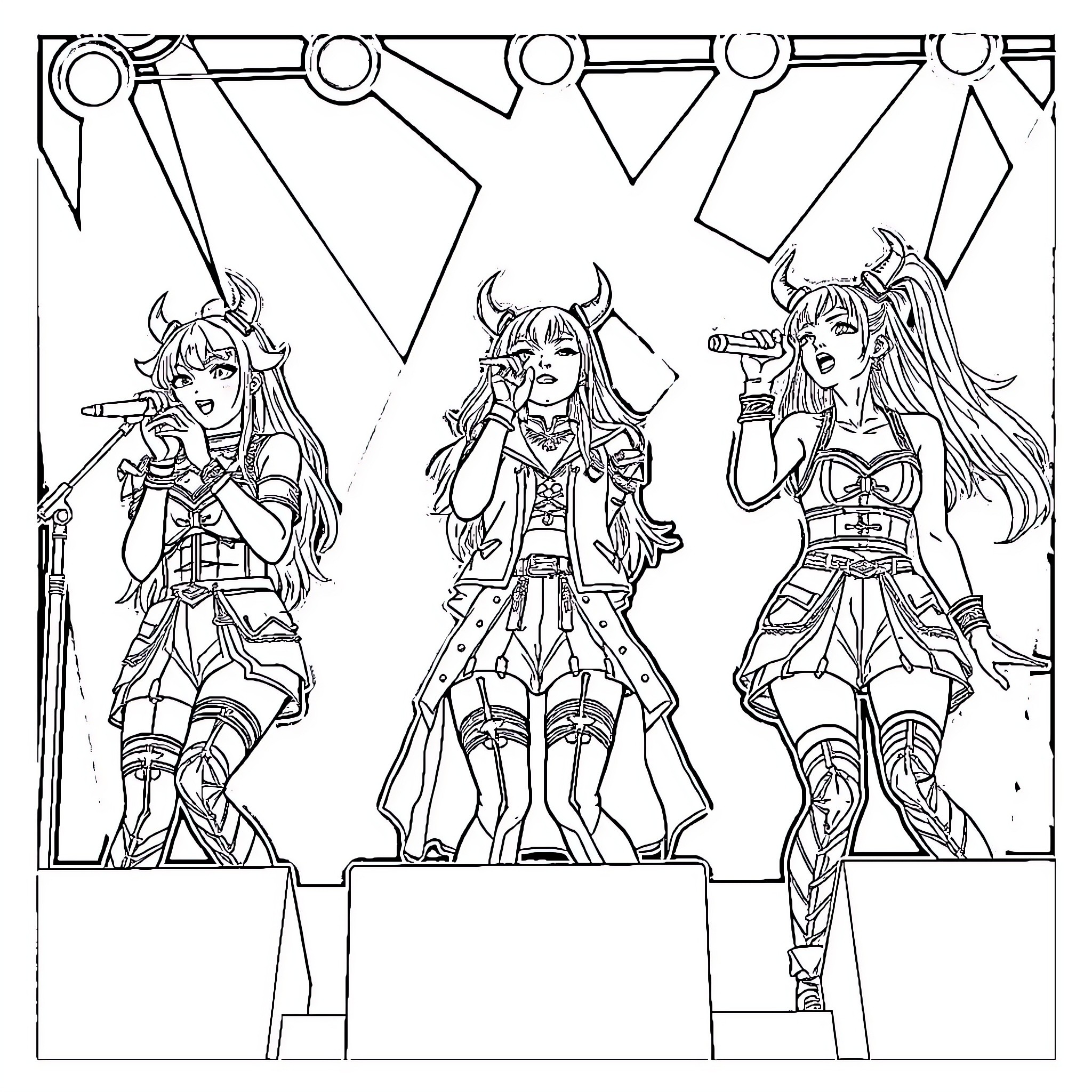 K-Pop Demon Hunters Performing on Stage Coloring Page (free black-and-white line drawing printable PDF for all, from beginners to advanced learners, including children, teens, adults, and seniors)