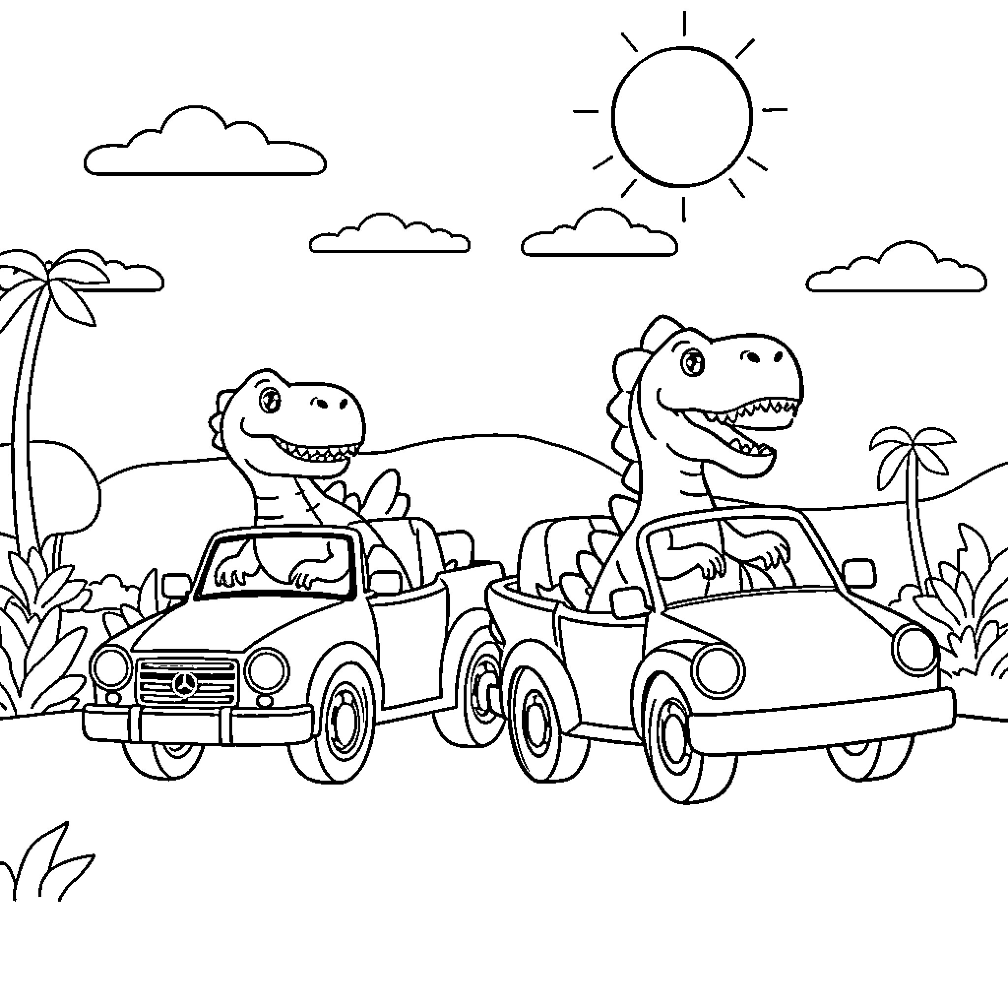 Dinosaurs driving vehicles in tropical landscape Coloring Page (free black-and-white line drawing printable PDF for all, from beginners to advanced learners, including children, teens, adults, and seniors)