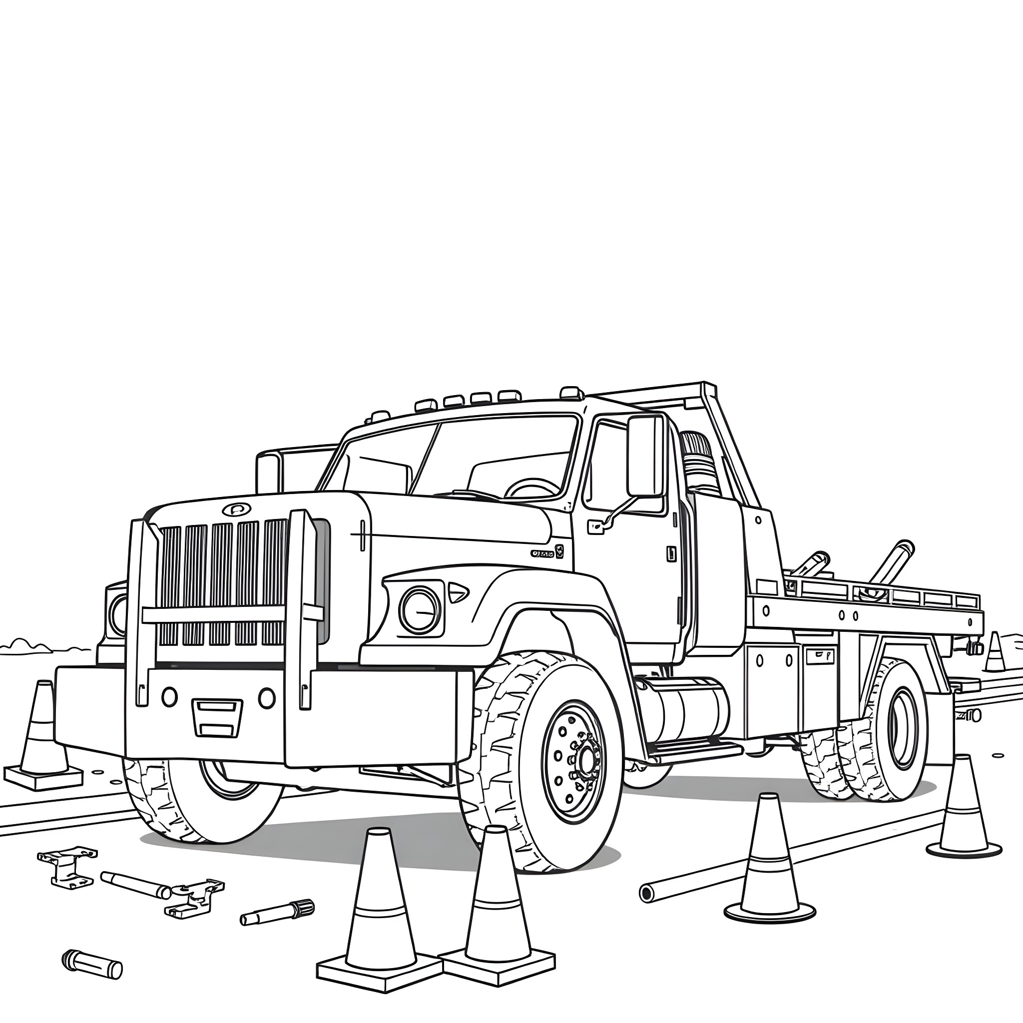 Wrecker Truck assisting vehicle on the road Coloring Page (free black-and-white line drawing printable PDF for all, from beginners to advanced learners, including children, teens, adults, and seniors)