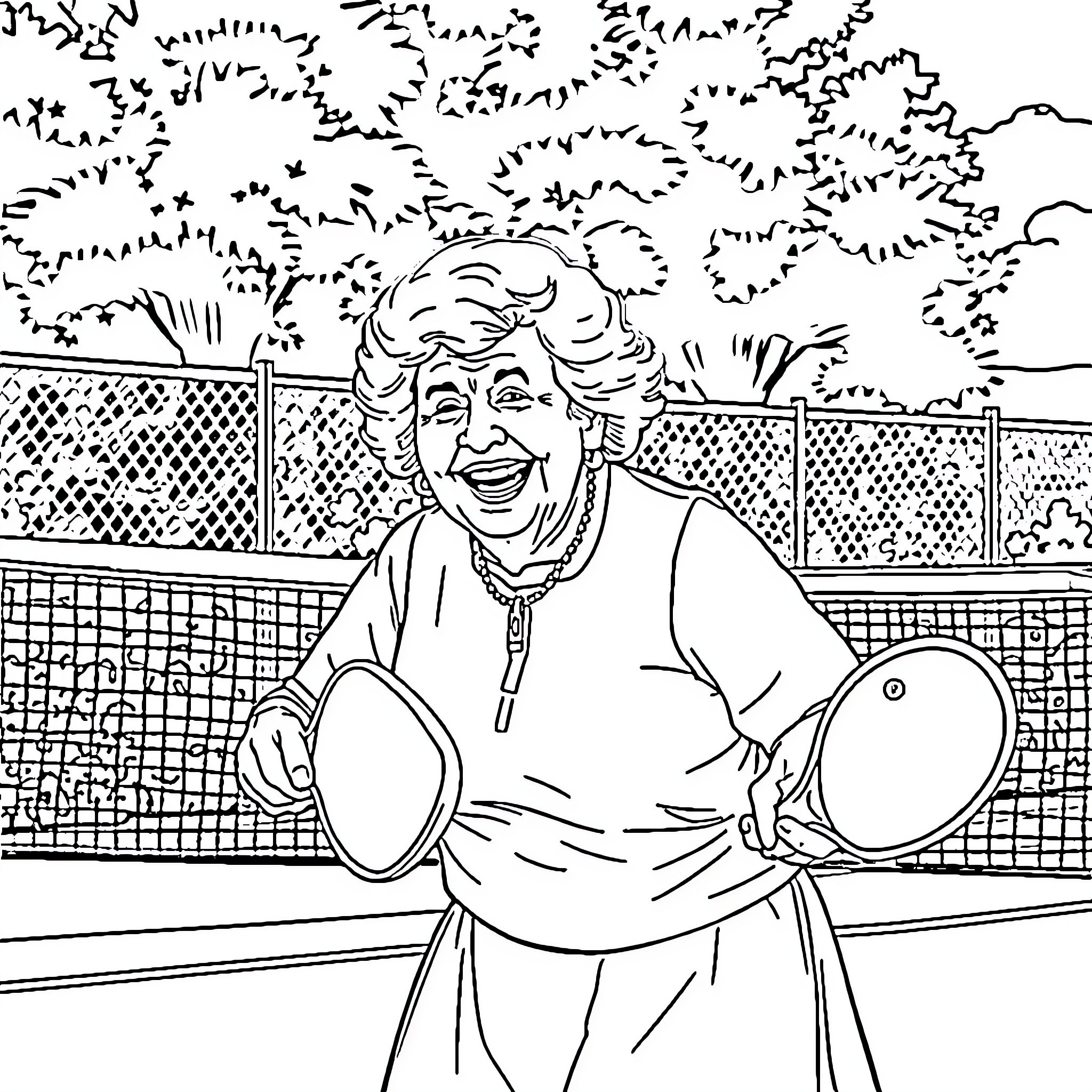 Betty White playing tennis with joyful expression Coloring Page (free black-and-white line drawing printable PDF for all, from beginners to advanced learners, including children, teens, adults, and seniors)