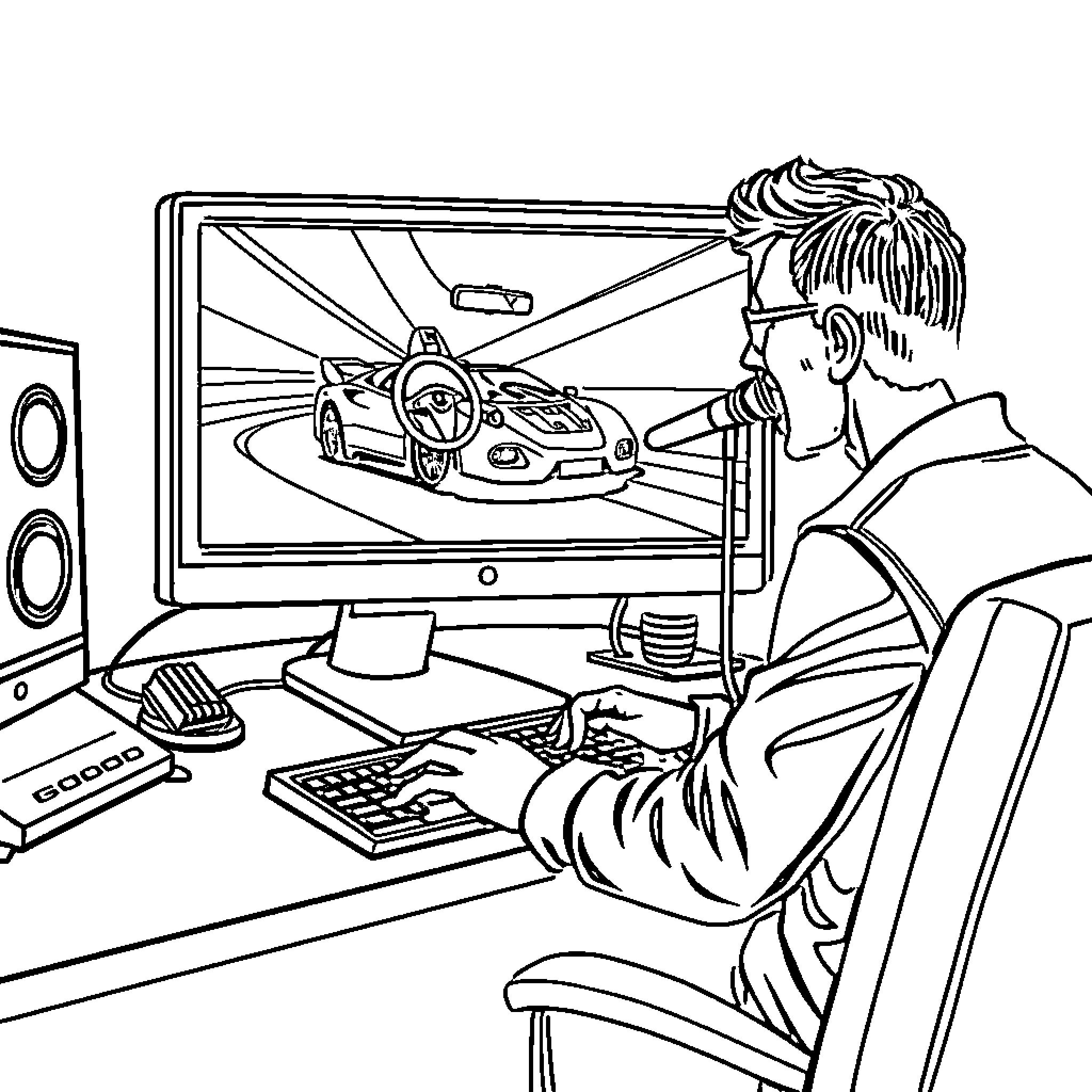 Ordinateur jouant à un jeu de voiture virtuel Coloring Page (free black-and-white line drawing printable PDF for all, from beginners to advanced learners, including children, teens, adults, and seniors)