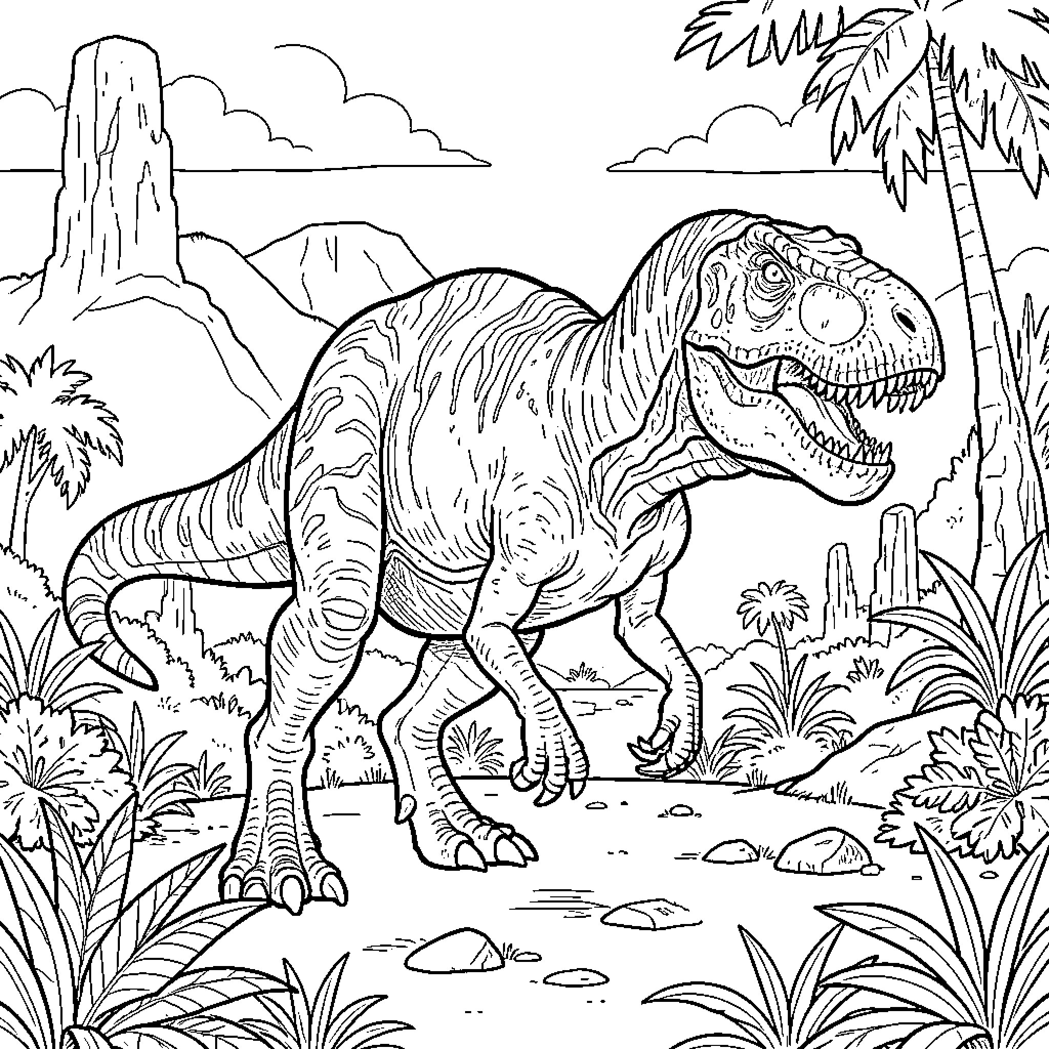 Carnotaurus walking through a prehistoric tropical jungle Coloring Page (free black-and-white line drawing printable PDF for all, from beginners to advanced learners, including children, teens, adults, and seniors)