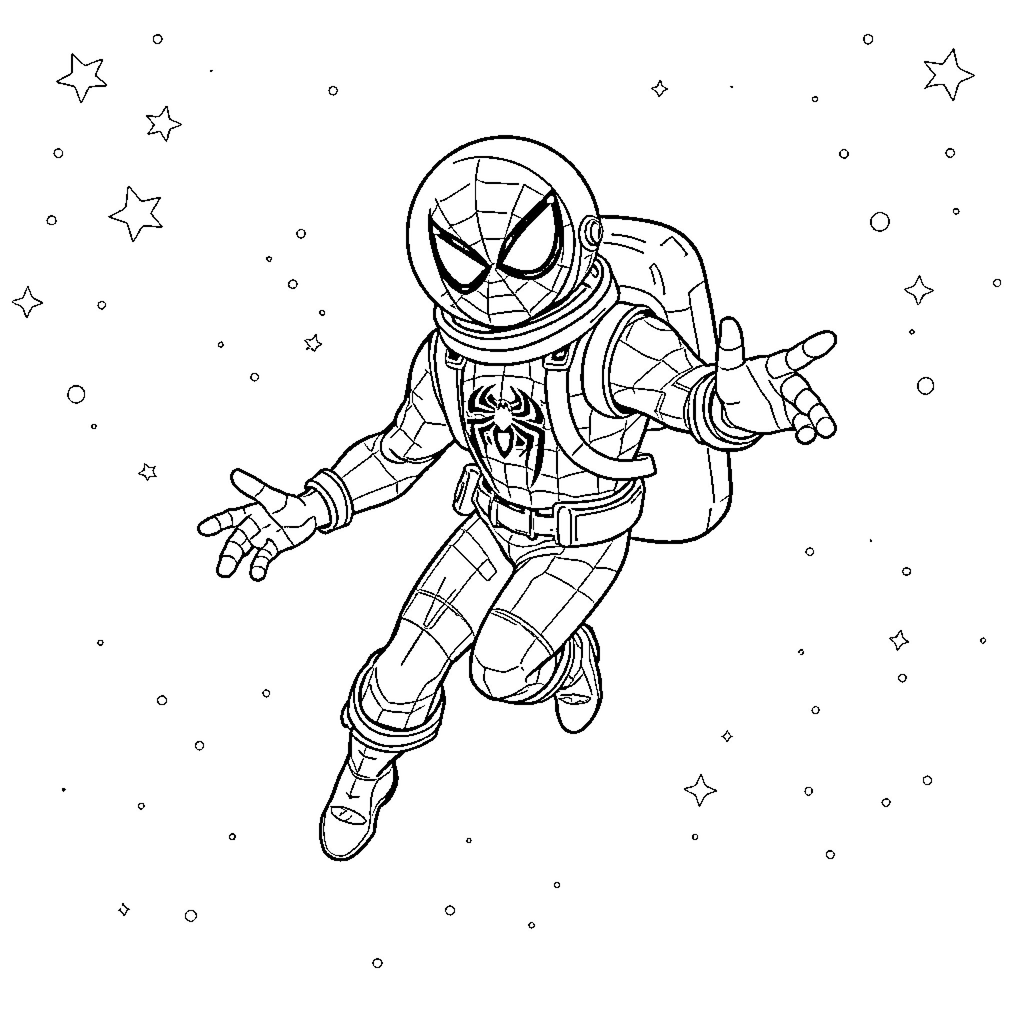 Spiderman in Heroic Space Suit Coloring Page (free black-and-white line drawing printable PDF for all, from beginners to advanced learners, including children, teens, adults, and seniors)