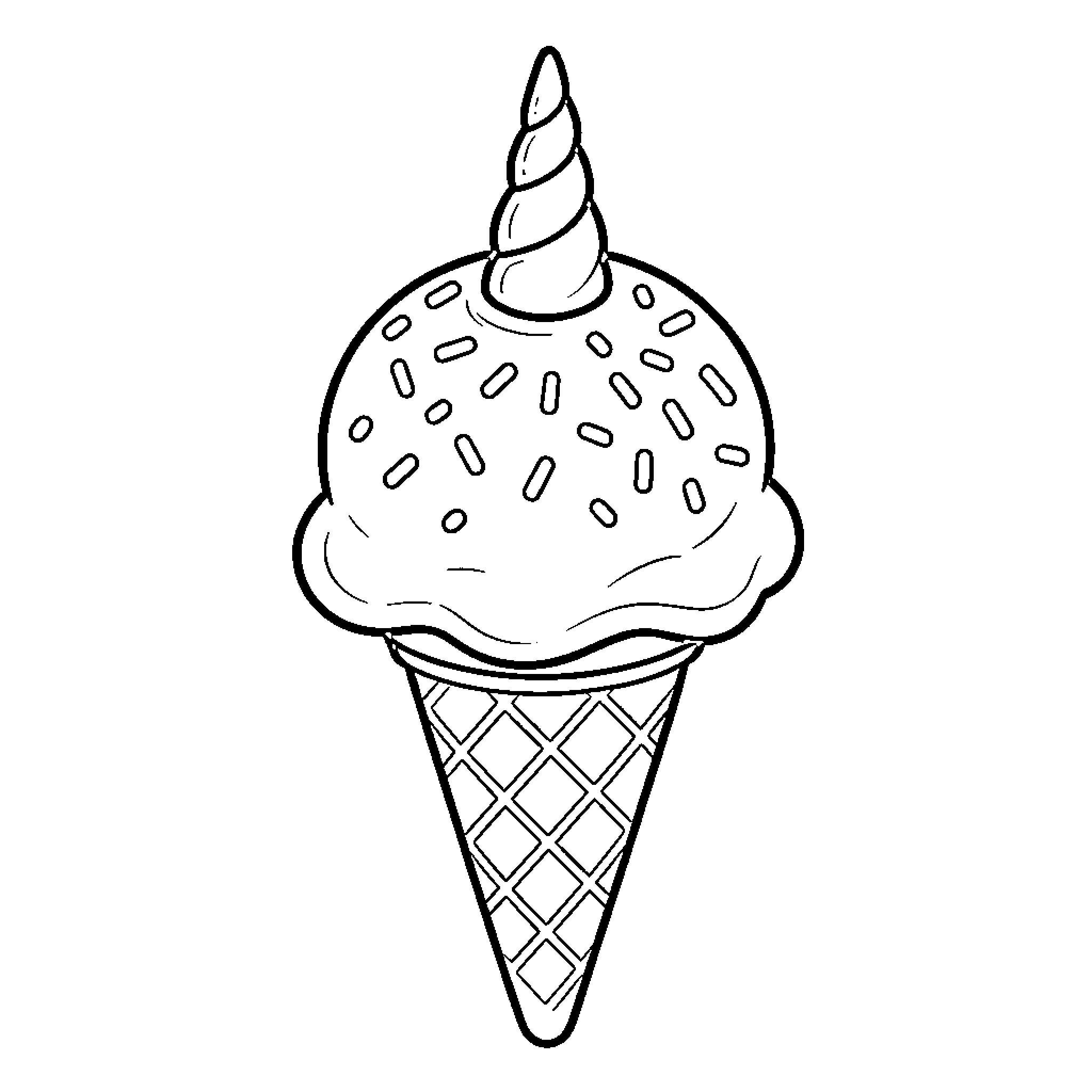 Unicorn ice cream cone with sprinkles Coloring Page (free black-and-white line drawing printable PDF for all, from beginners to advanced learners, including children, teens, adults, and seniors)