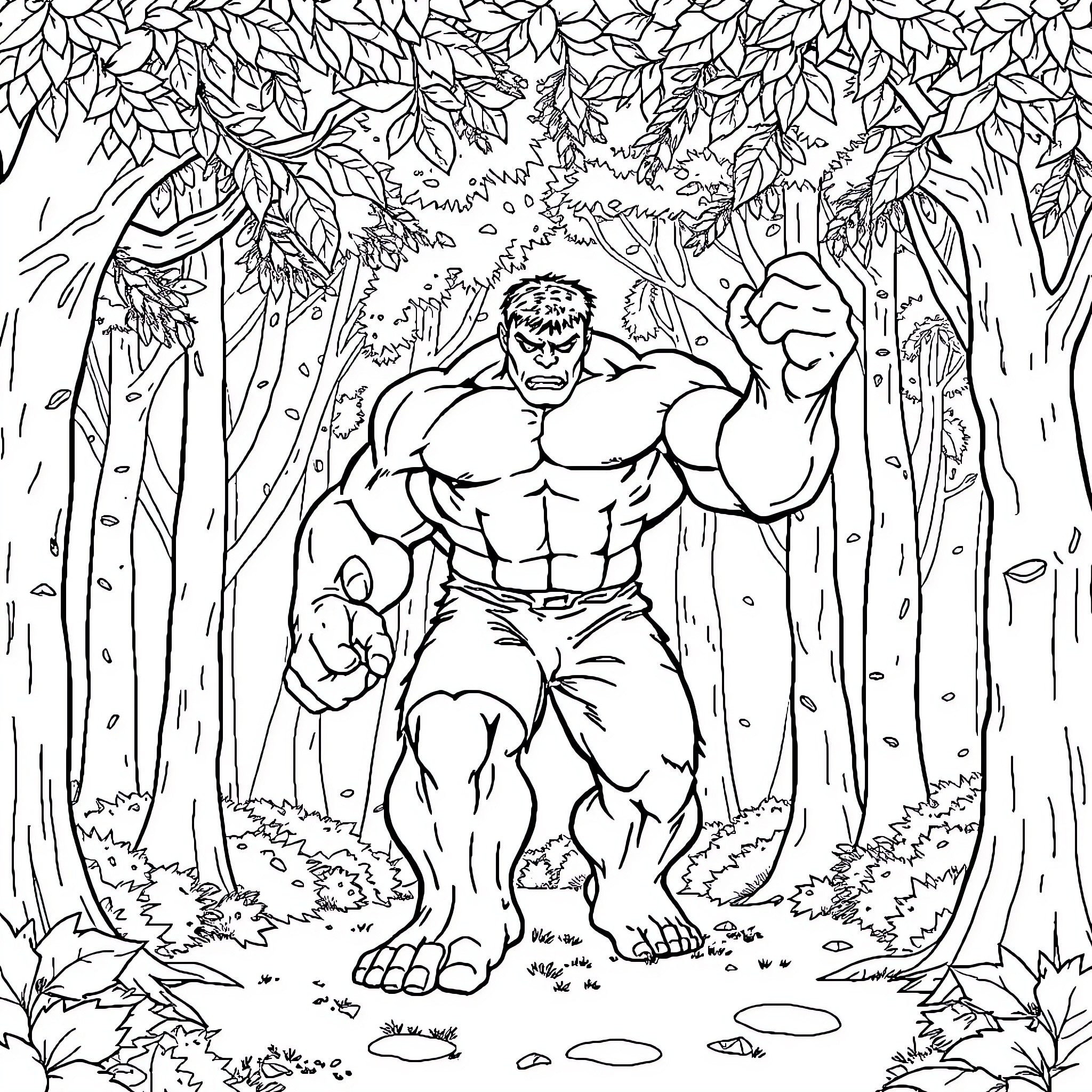 Hulk Raging in the Lush Forest Coloring Page (free black-and-white line drawing printable PDF for all, from beginners to advanced learners, including children, teens, adults, and seniors)