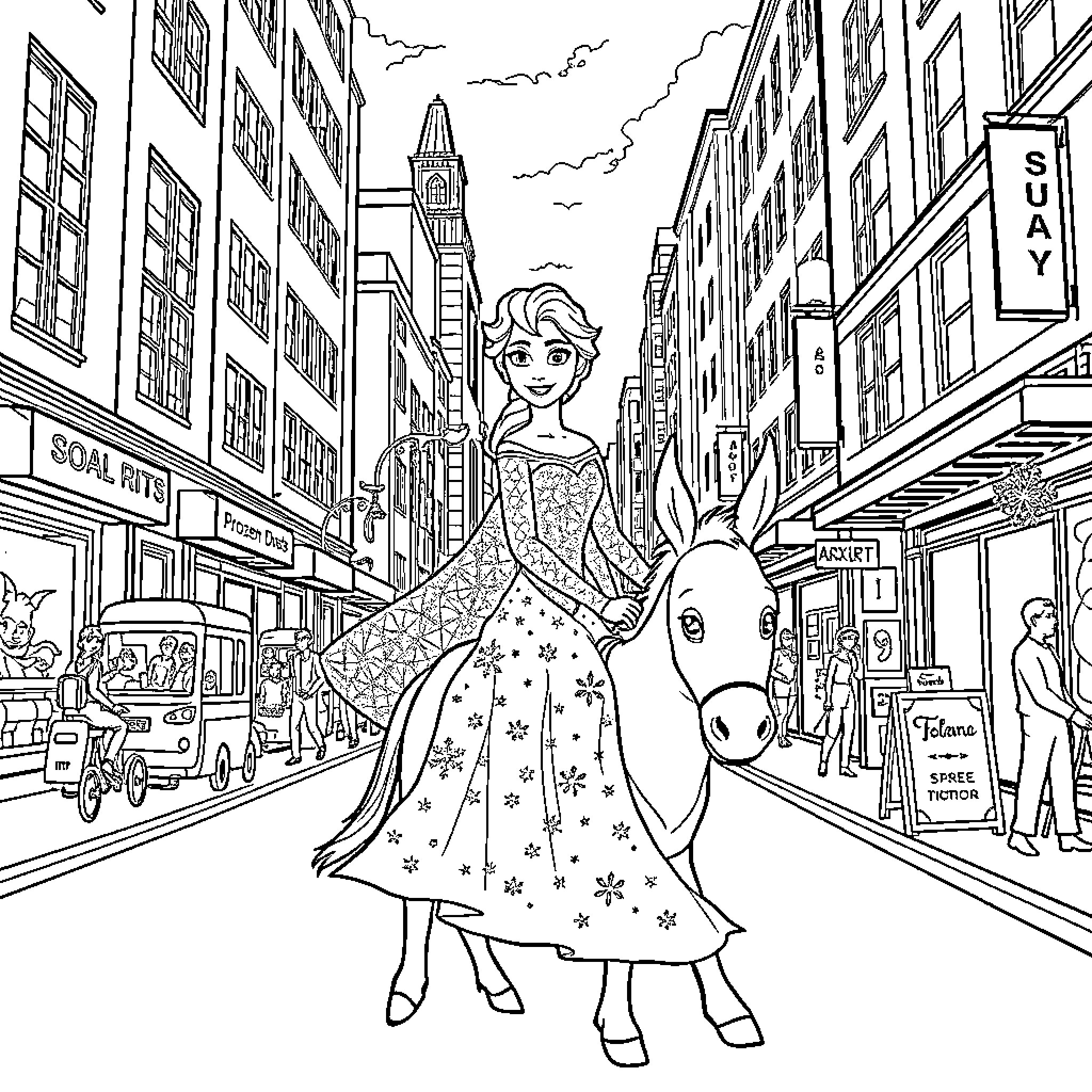 Elsa's Enchanting City Adventure Coloring Page (free black-and-white line drawing printable PDF for all, from beginners to advanced learners, including children, teens, adults, and seniors)