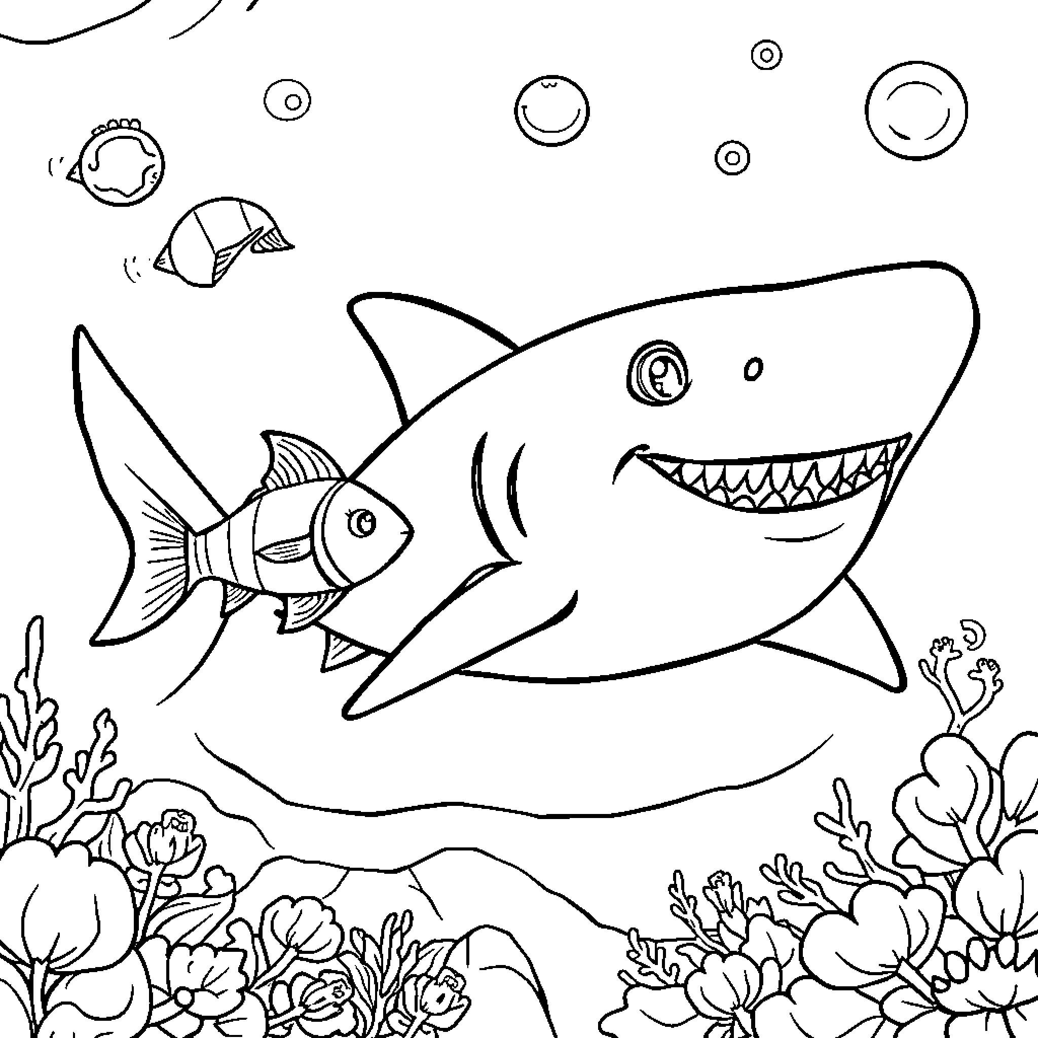 Baby Shark swimming among colorful sea creatures Coloring Page (free black-and-white line drawing printable PDF for all, from beginners to advanced learners, including children, teens, adults, and seniors)