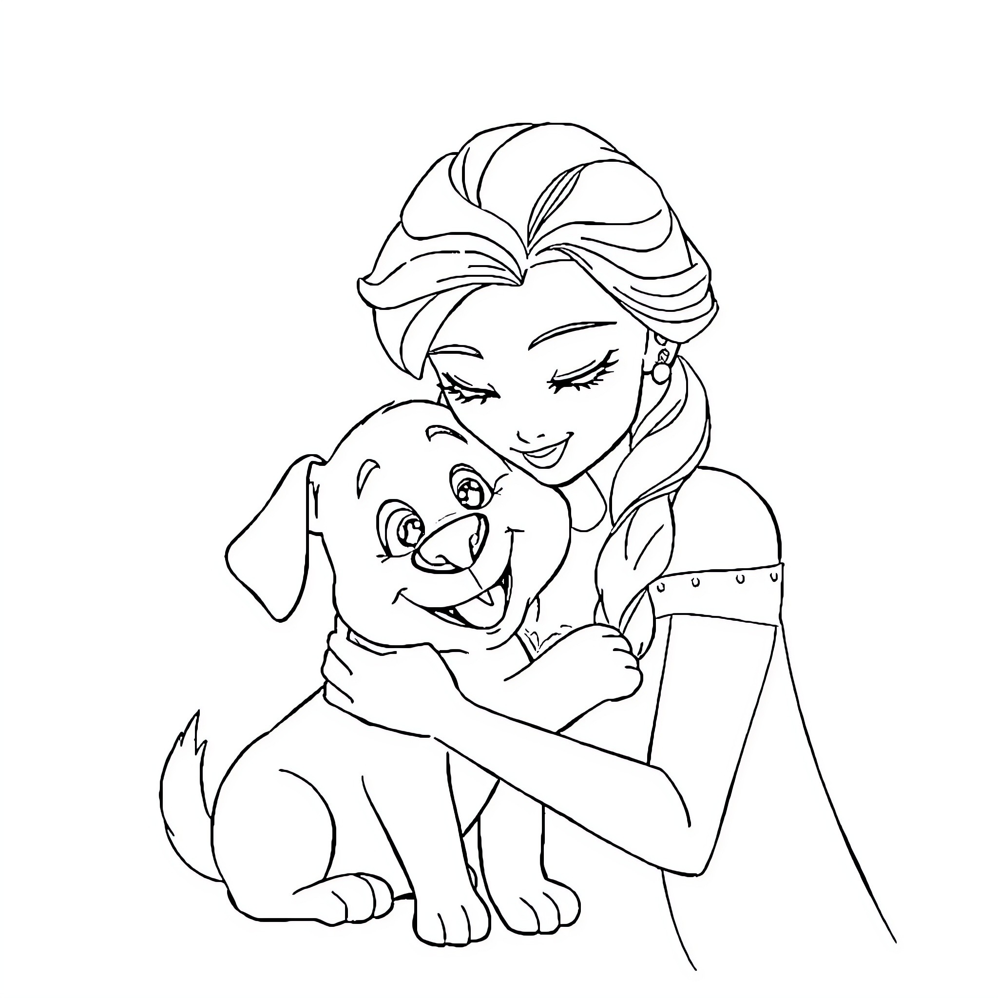 Elsa embracing a puppy with affection Coloring Page (free black-and-white line drawing printable PDF for all, from beginners to advanced learners, including children, teens, adults, and seniors)