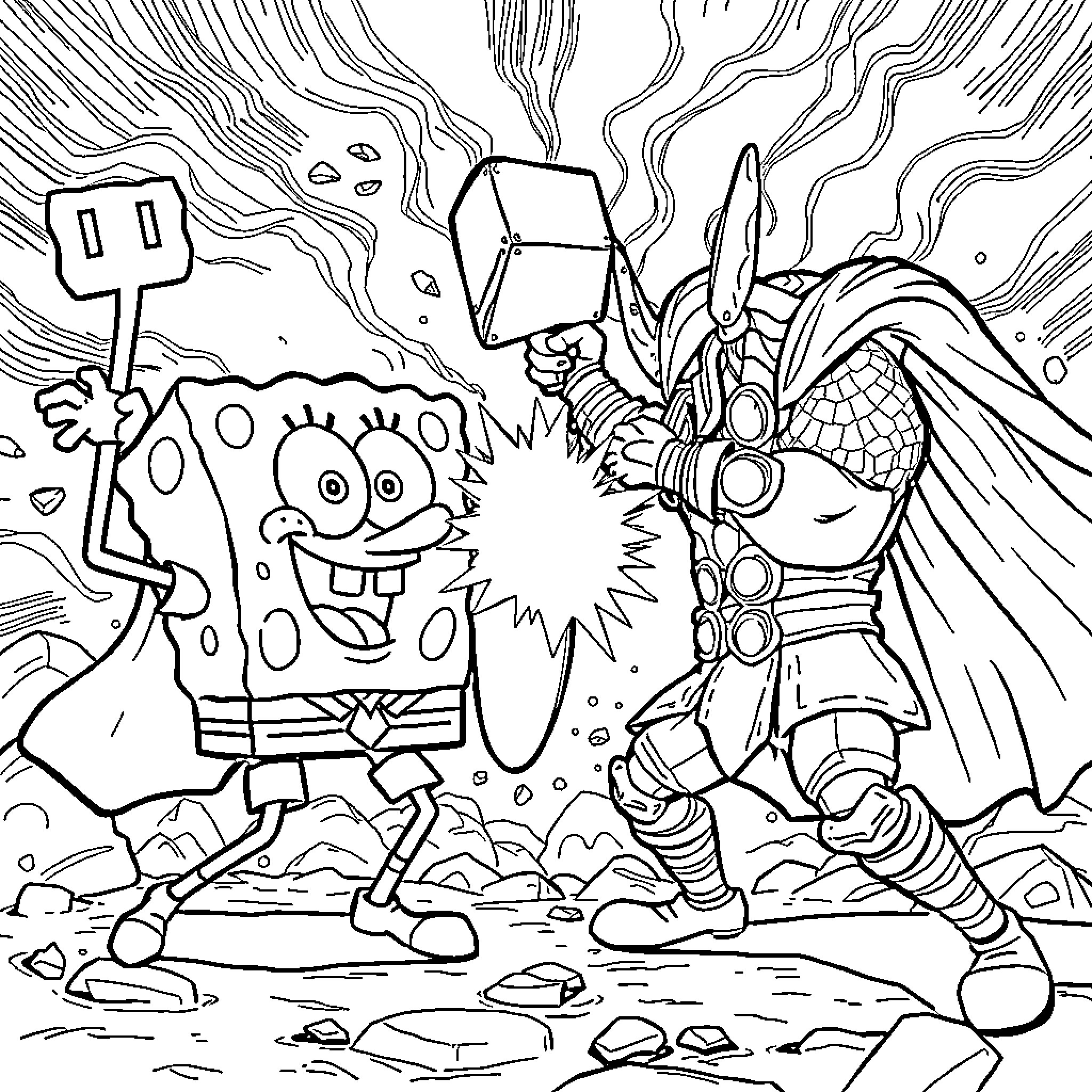 Spongebob and The Almighty Viking Warrior Coloring Page (free black-and-white line drawing printable PDF for all, from beginners to advanced learners, including children, teens, adults, and seniors)