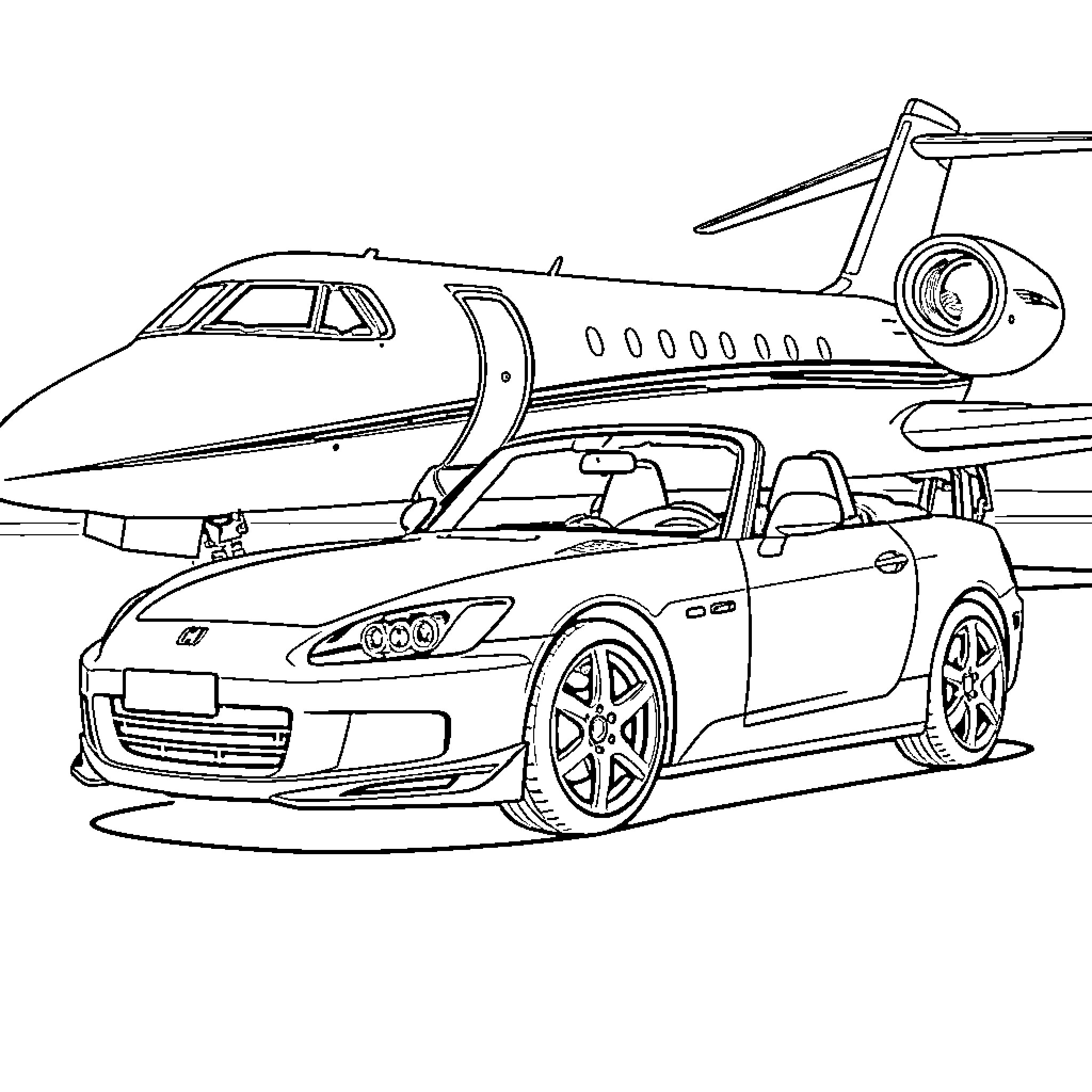 Honda S2000 sports car parked near private jet Coloring Page (free black-and-white line drawing printable PDF for all, from beginners to advanced learners, including children, teens, adults, and seniors)