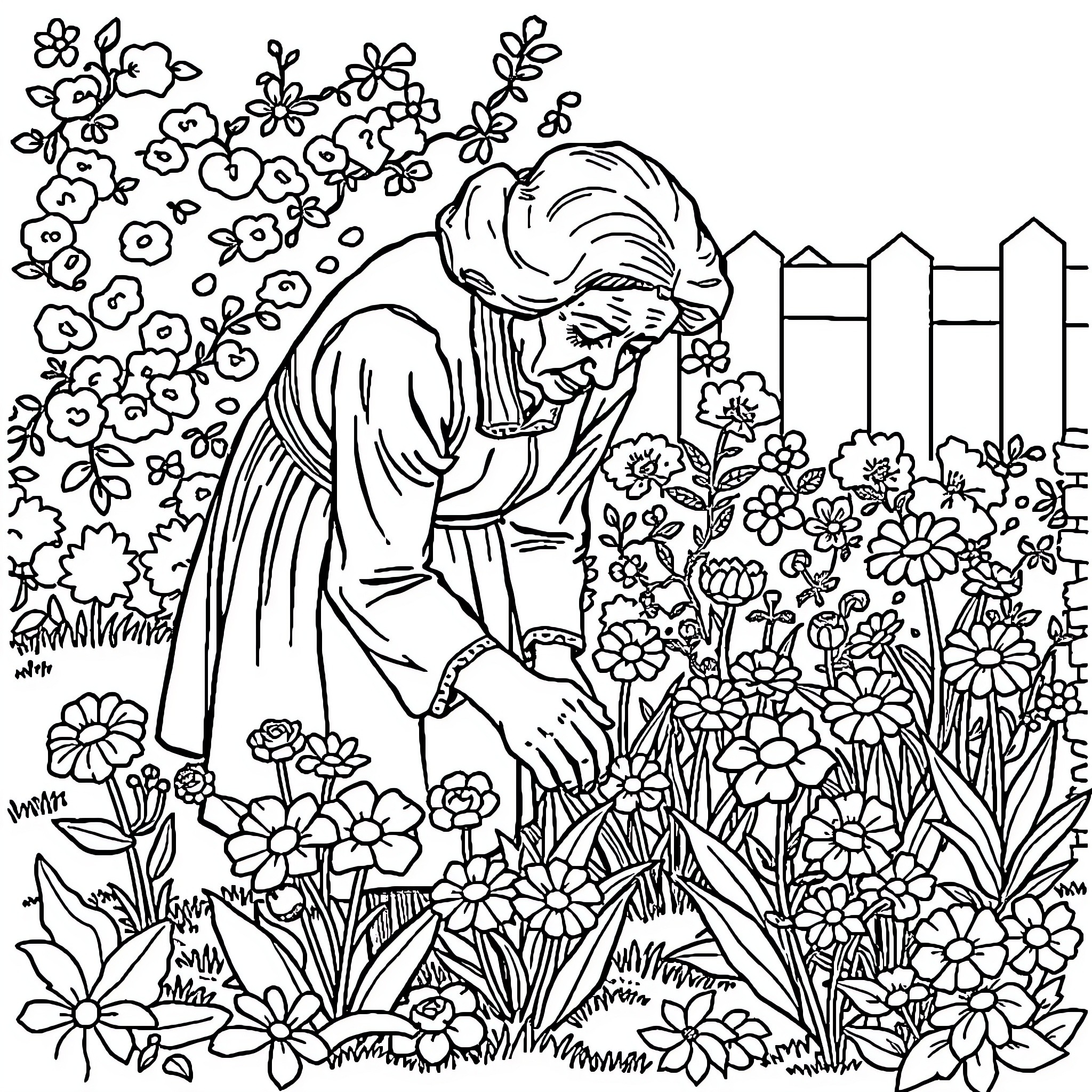 Lady Tending to Her Vibrant Garden Coloring Page (free black-and-white line drawing printable PDF for all, from beginners to advanced learners, including children, teens, adults, and seniors)