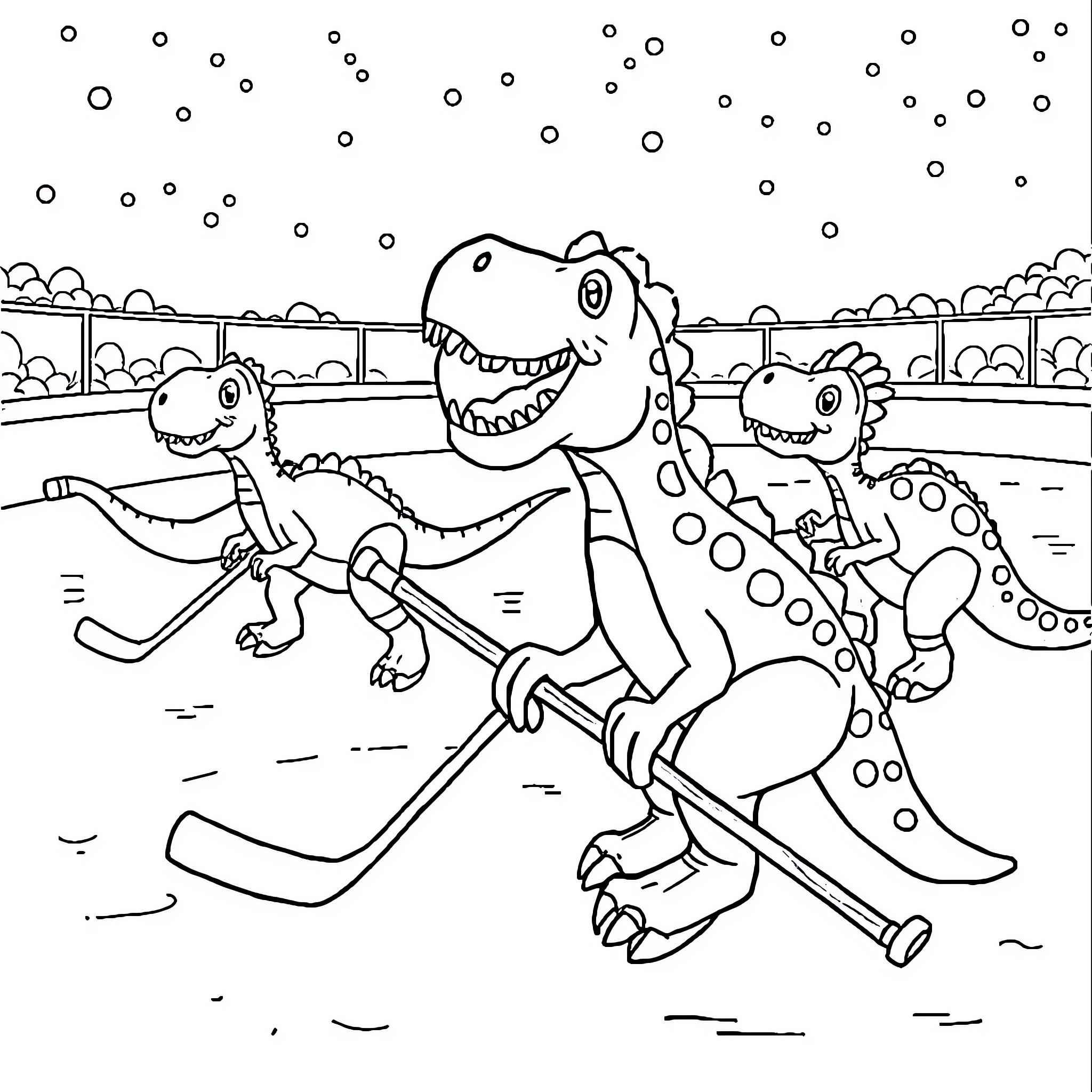 Dinosaurs Skiing and Snowboarding in Winter Wonderland Coloring Page (free black-and-white line drawing printable PDF for all, from beginners to advanced learners, including children, teens, adults, and seniors)