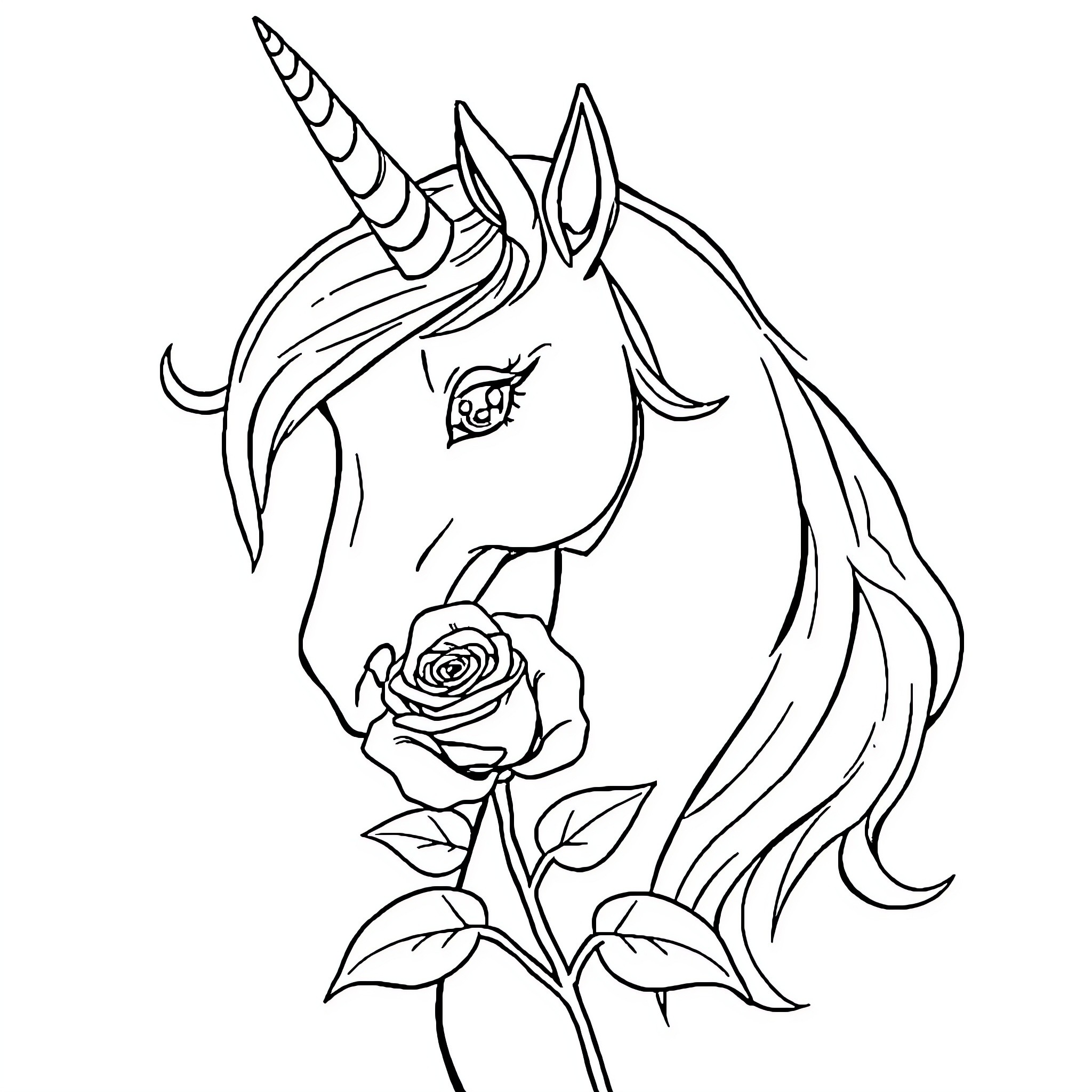 Alicorn with a rose in its mane Coloring Page (free black-and-white line drawing printable PDF for all, from beginners to advanced learners, including children, teens, adults, and seniors)