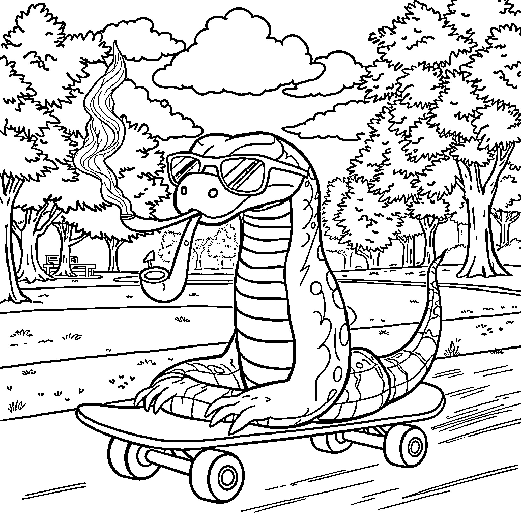 Snake skateboarding through the forest Coloring Page (free black-and-white line drawing printable PDF for all, from beginners to advanced learners, including children, teens, adults, and seniors)