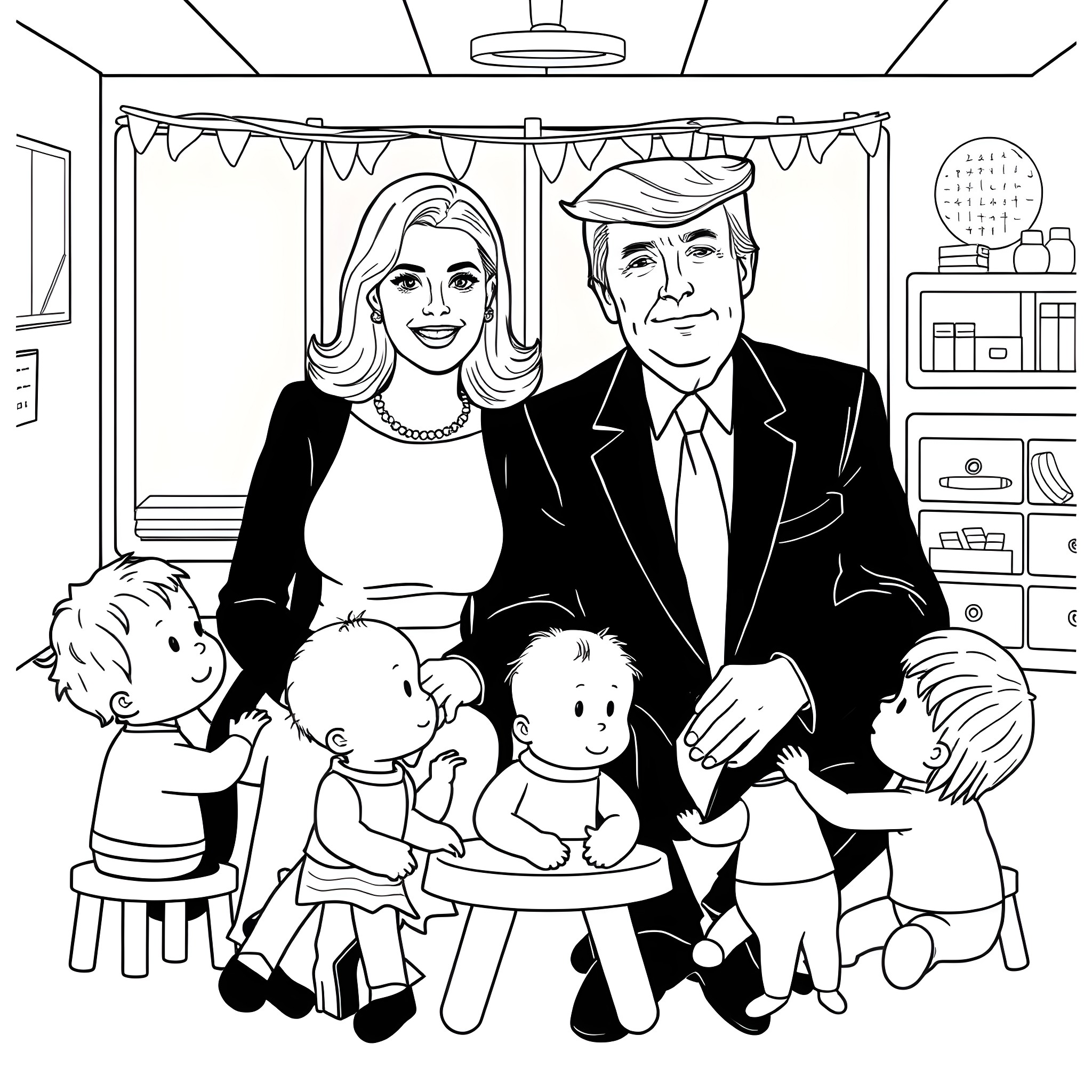 Ghislaine Maxwell family portrait with children Coloring Page (free black-and-white line drawing printable PDF for all, from beginners to advanced learners, including children, teens, adults, and seniors)