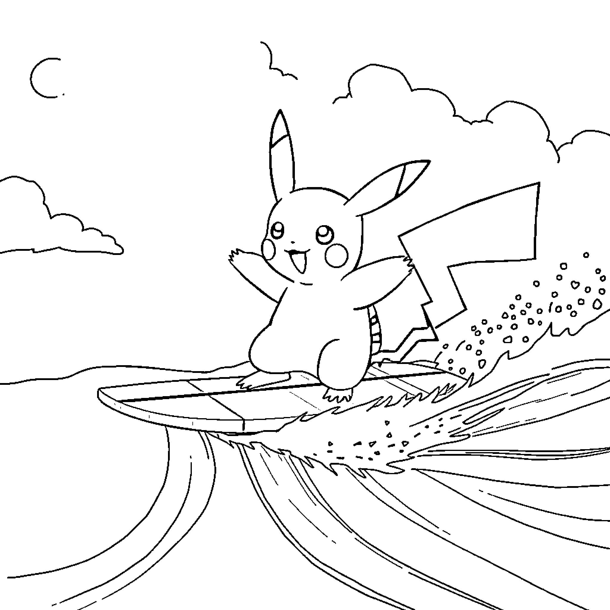 Pikachu surfing through a starry night Coloring Page (free black-and-white line drawing printable PDF for all, from beginners to advanced learners, including children, teens, adults, and seniors)