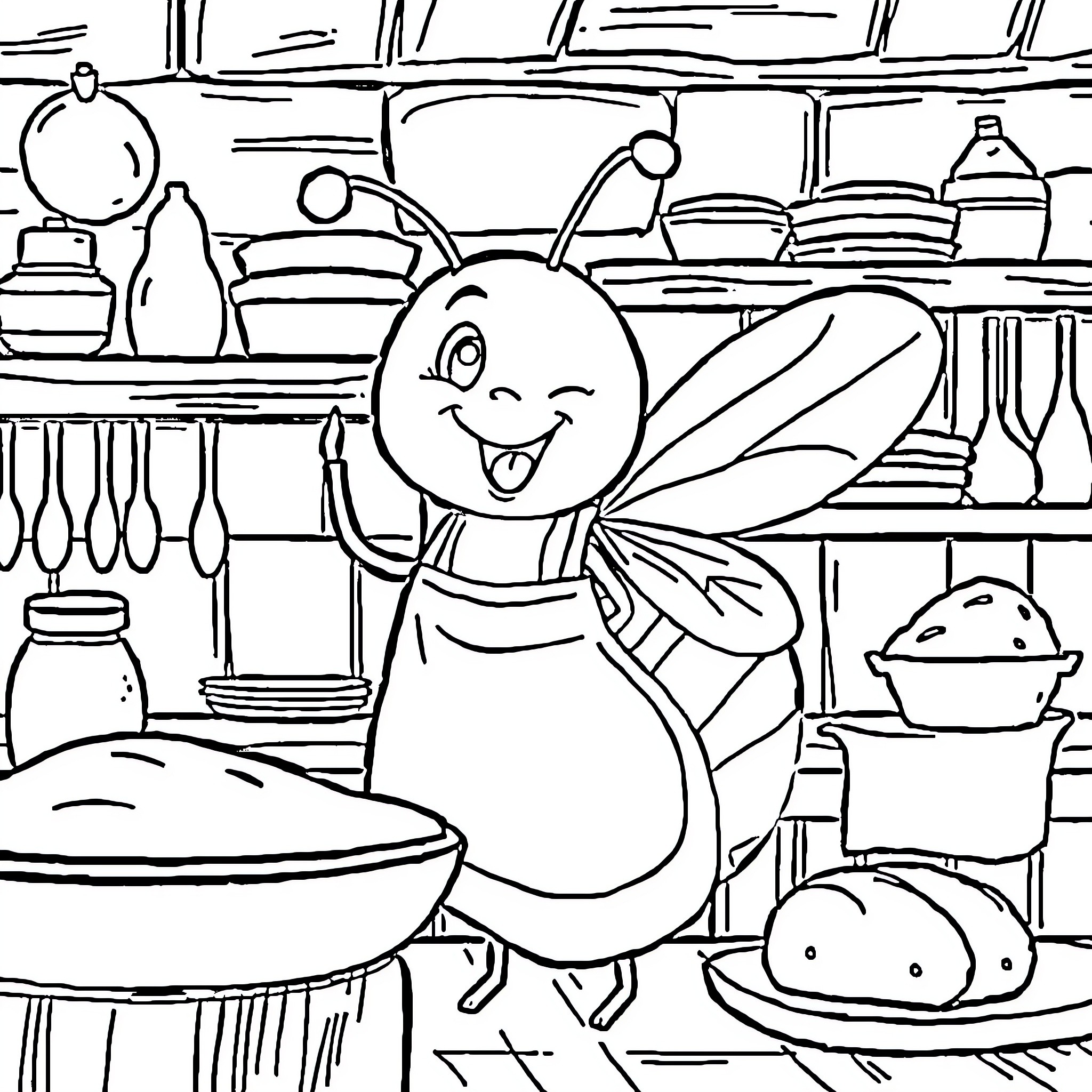 Bumblebee happily exploring a kitchen scene Coloring Page (free black-and-white line drawing printable PDF for all, from beginners to advanced learners, including children, teens, adults, and seniors)
