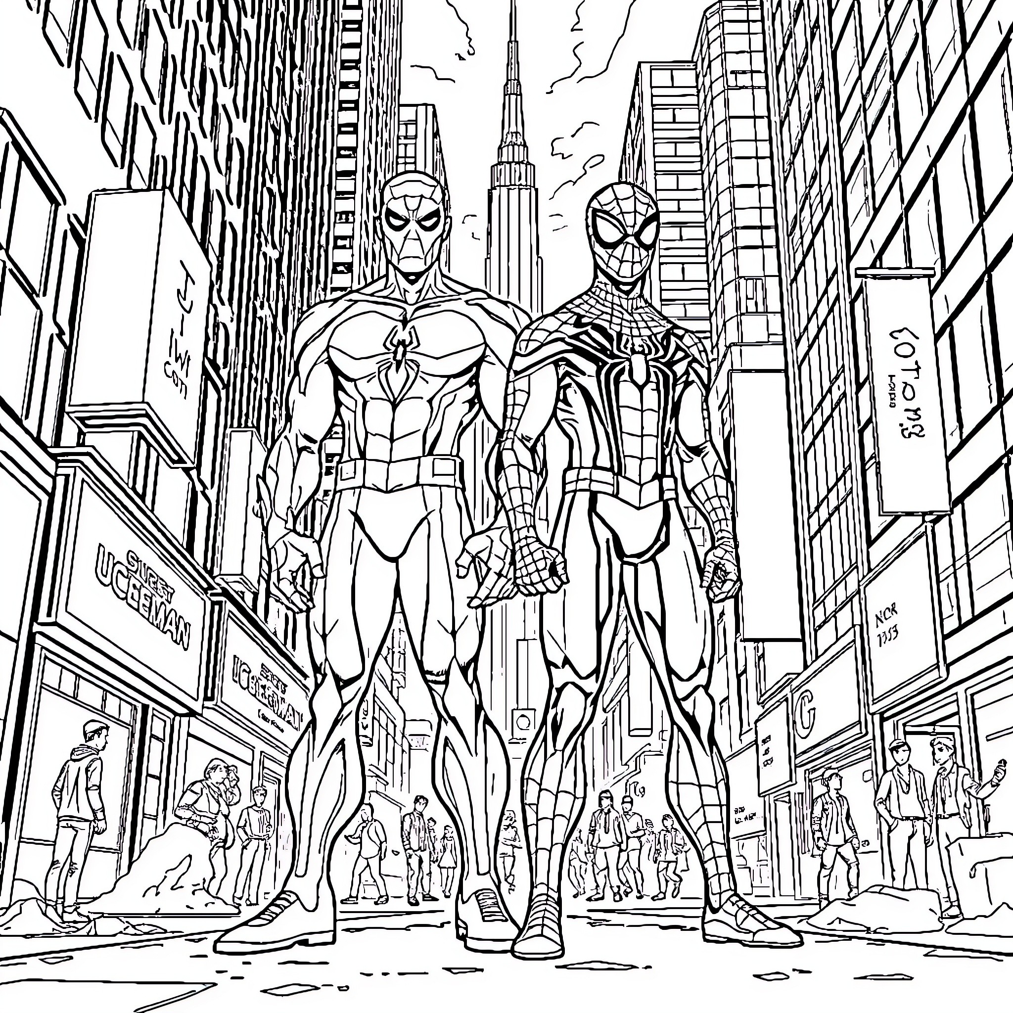 Iceman and Spider-Man heroes in the city Coloring Page (free black-and-white line drawing printable PDF for all, from beginners to advanced learners, including children, teens, adults, and seniors)